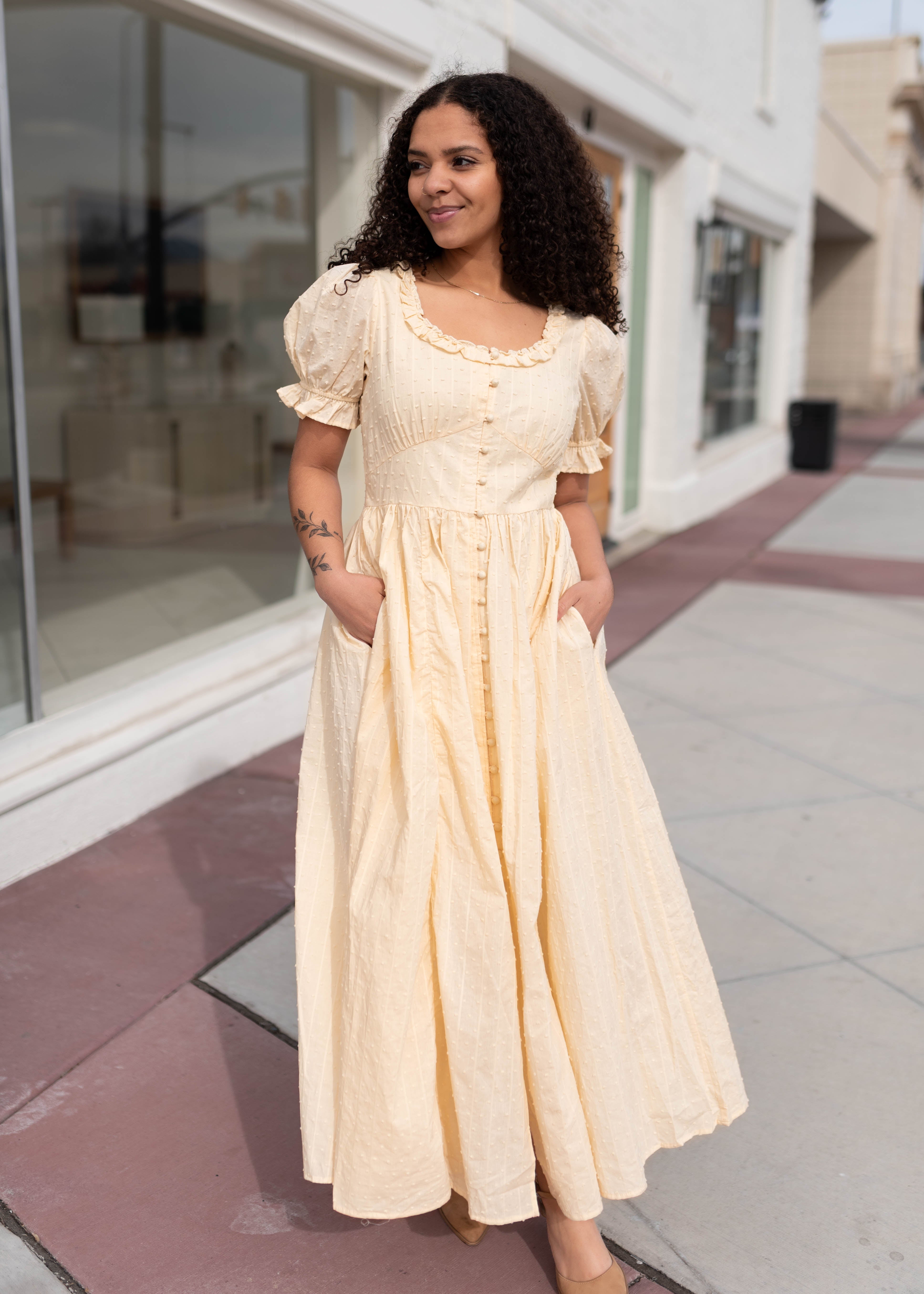 Linda Pale Yellow Swiss Dot Dress