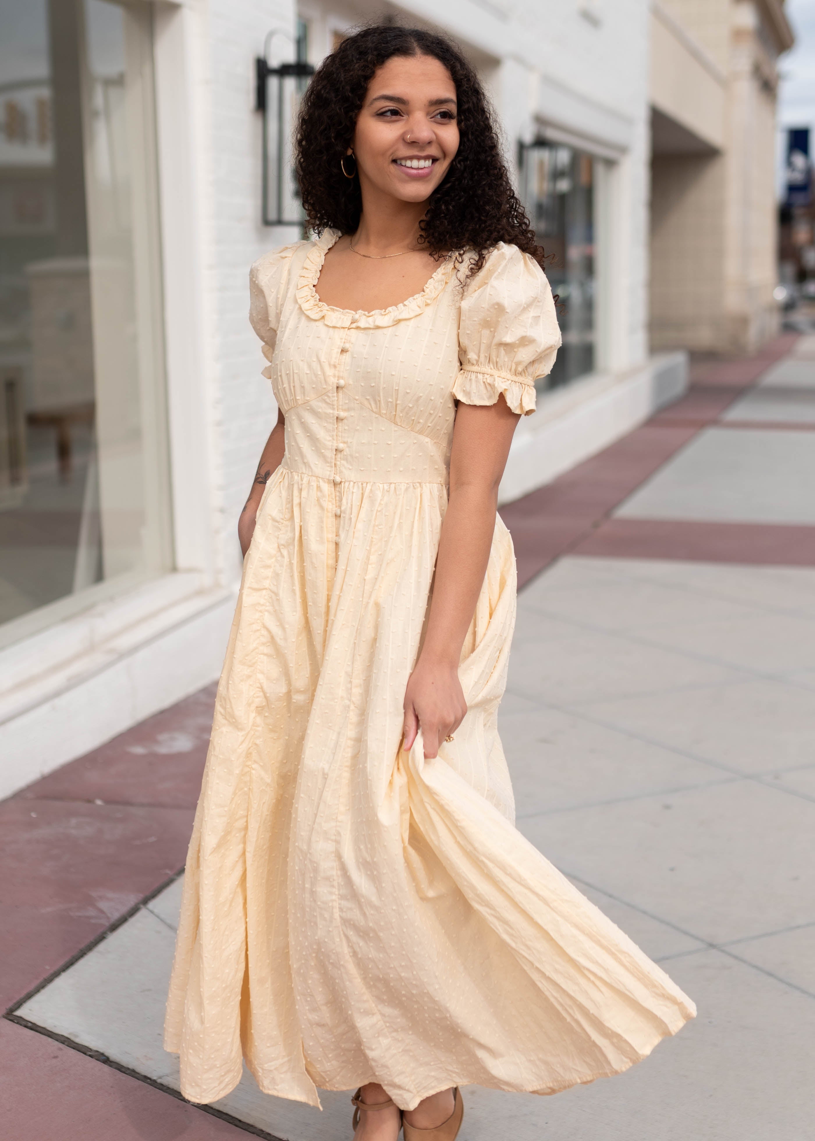 Linda Pale Yellow Swiss Dot Dress