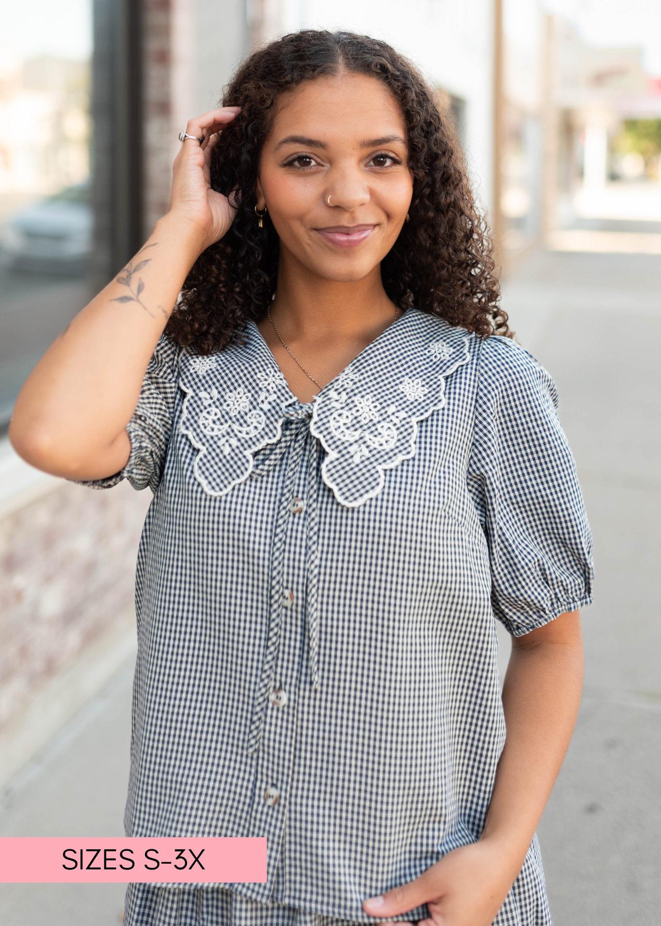 Lindsay Navy & White Gingham Floral Blouse