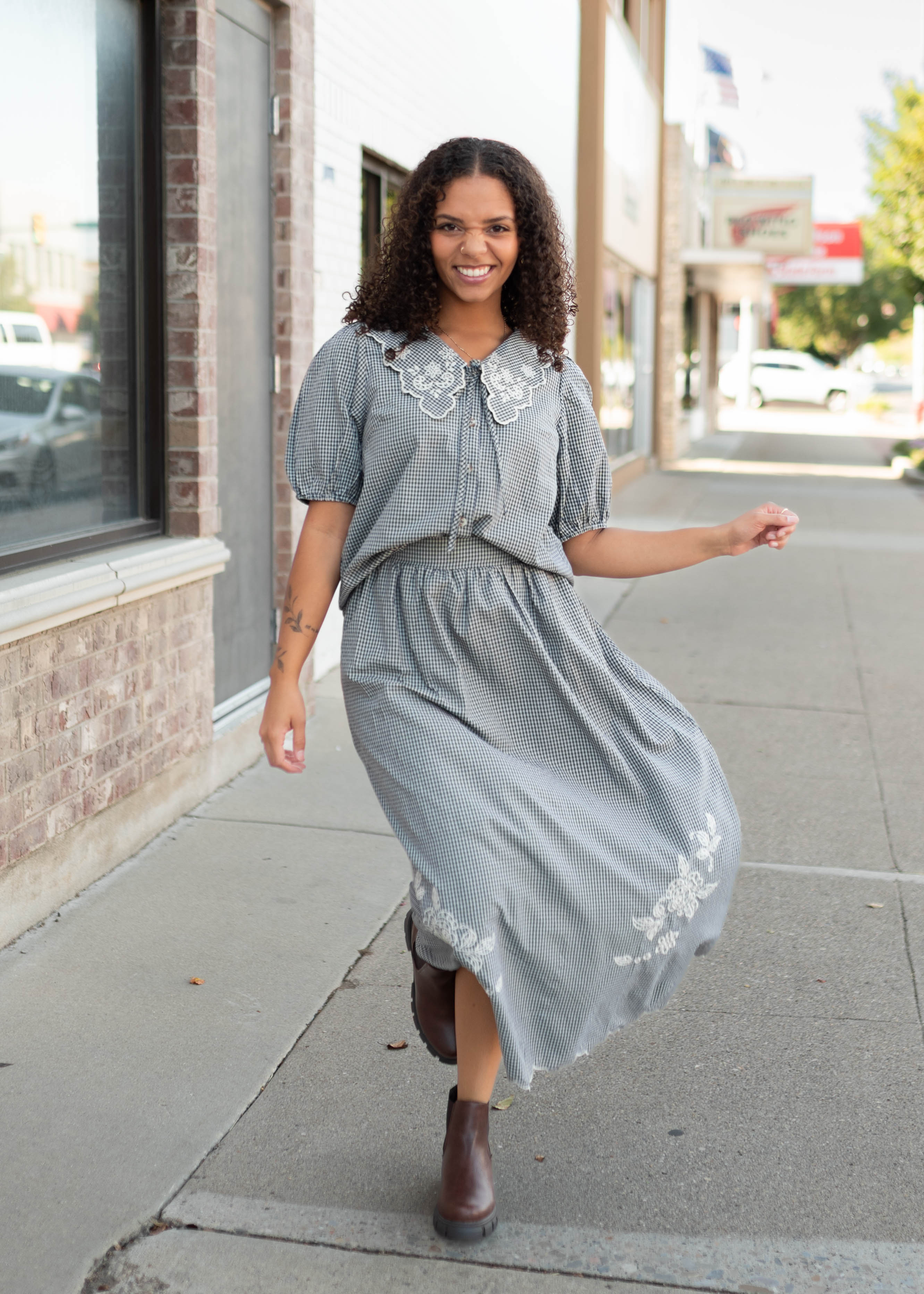 Lindsay Navy & White Gingham Floral Blouse