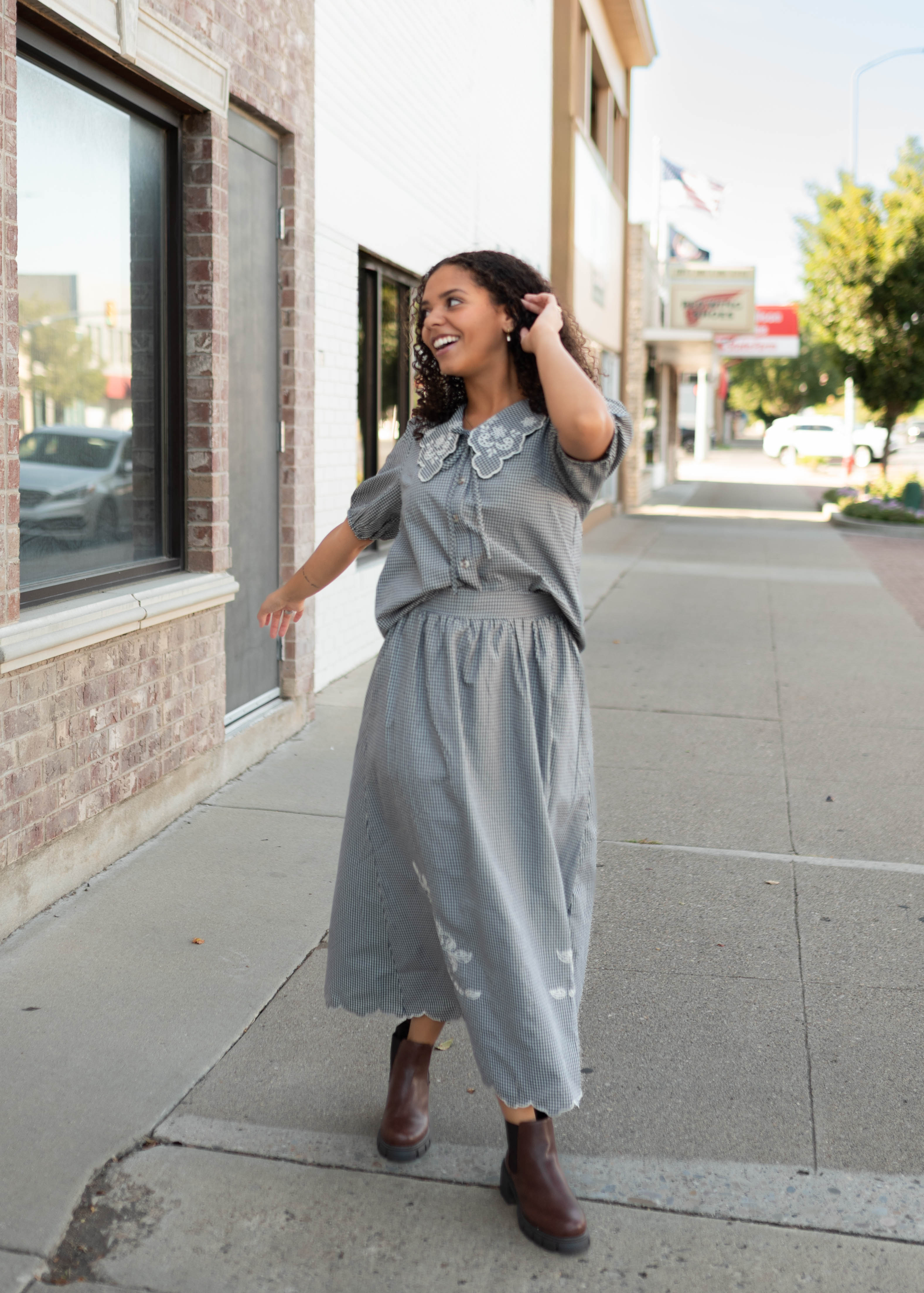 Lindsay Navy & White Gingham Floral Blouse