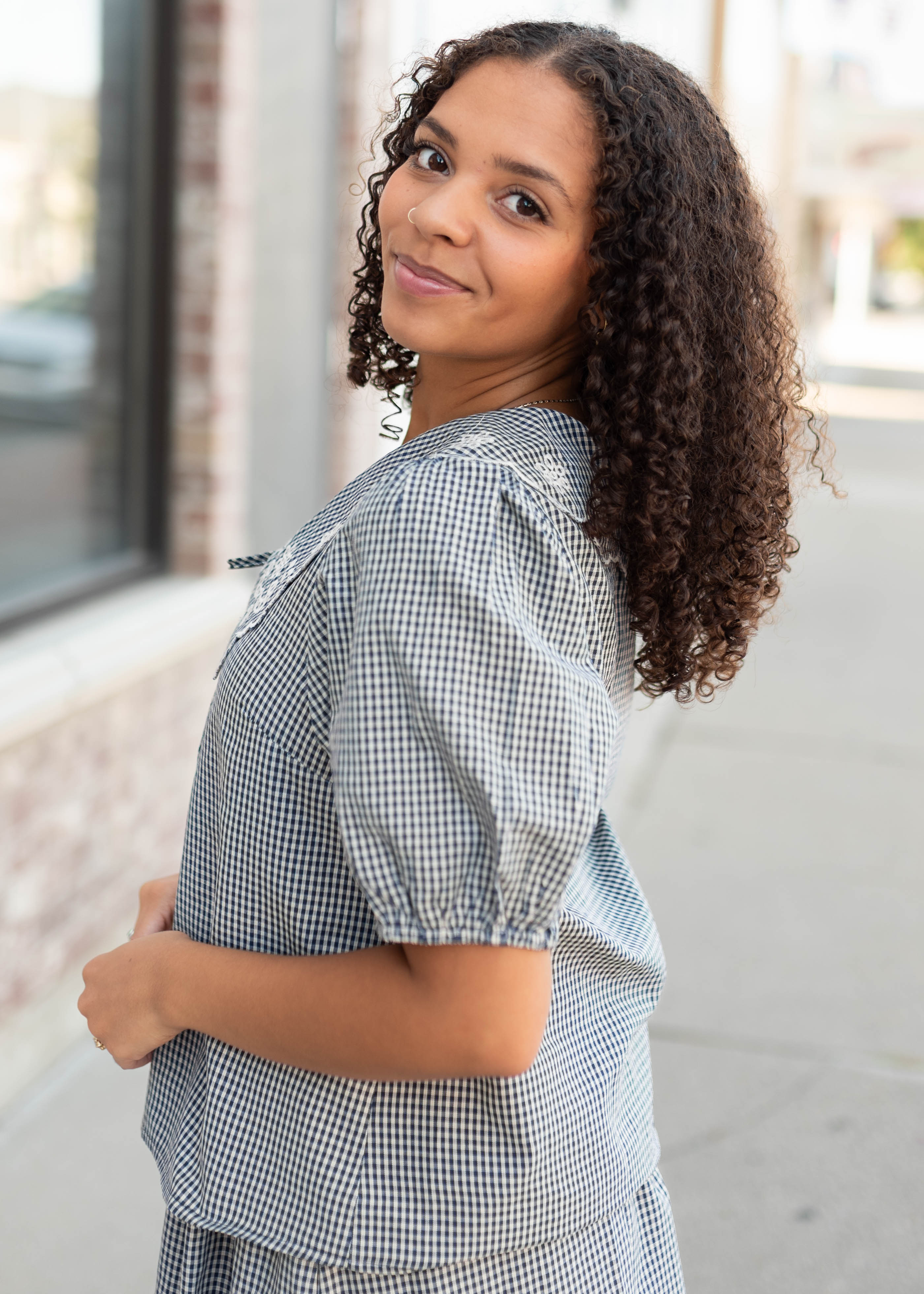 Lindsay Navy & White Gingham Floral Blouse