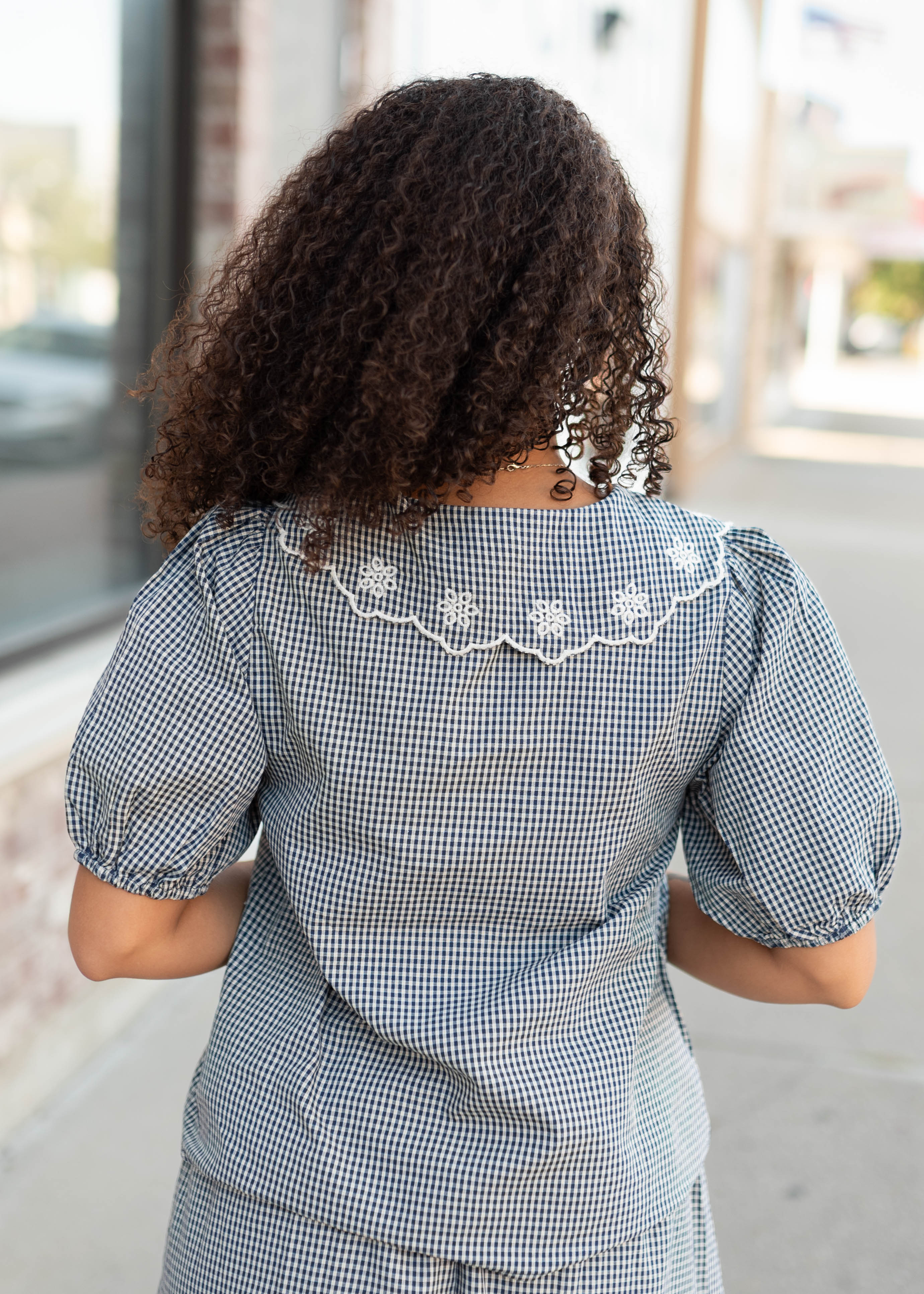Lindsay Navy & White Gingham Floral Blouse