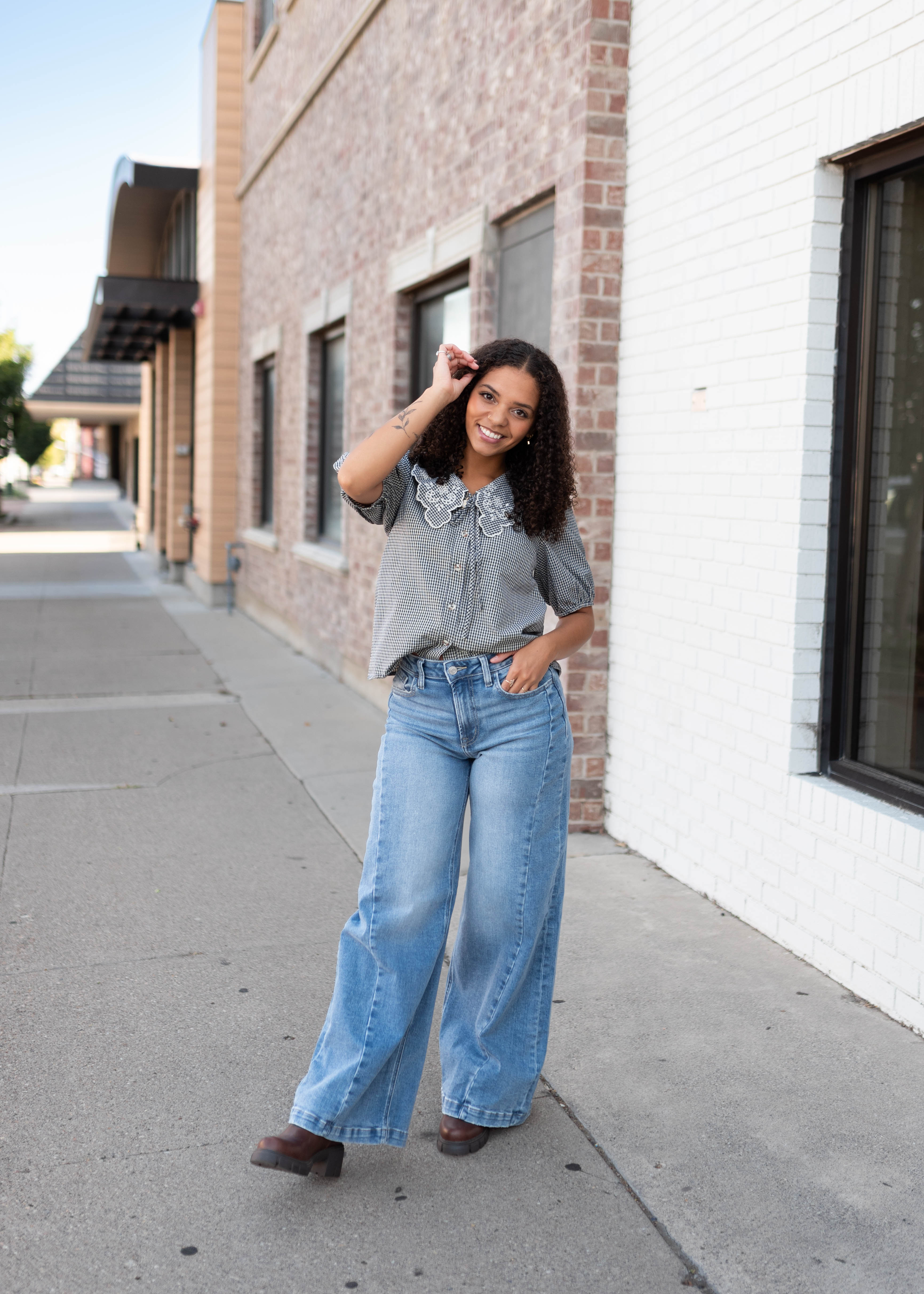 Lindsay Navy & White Gingham Floral Blouse