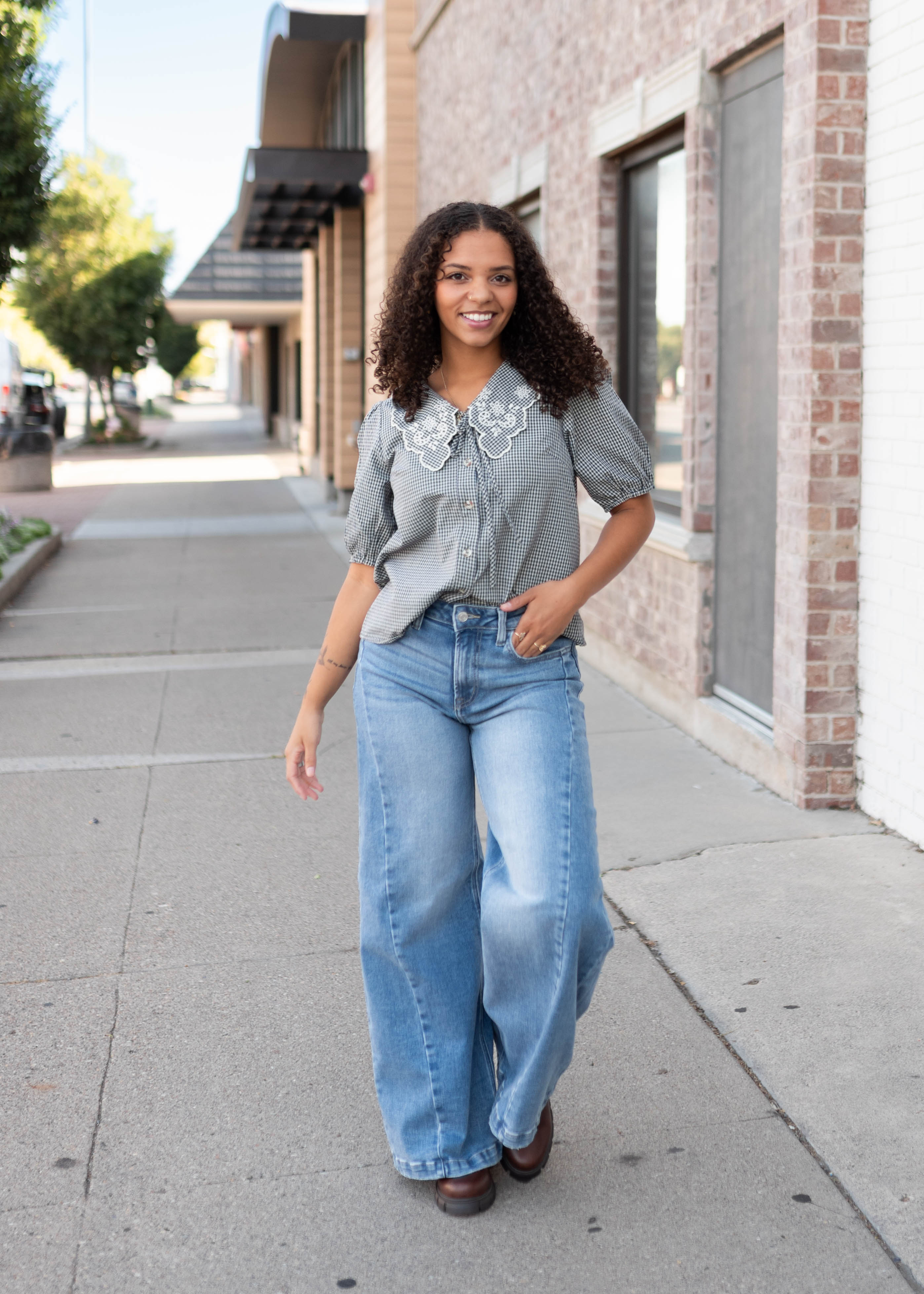 Lindsay Navy & White Gingham Floral Blouse