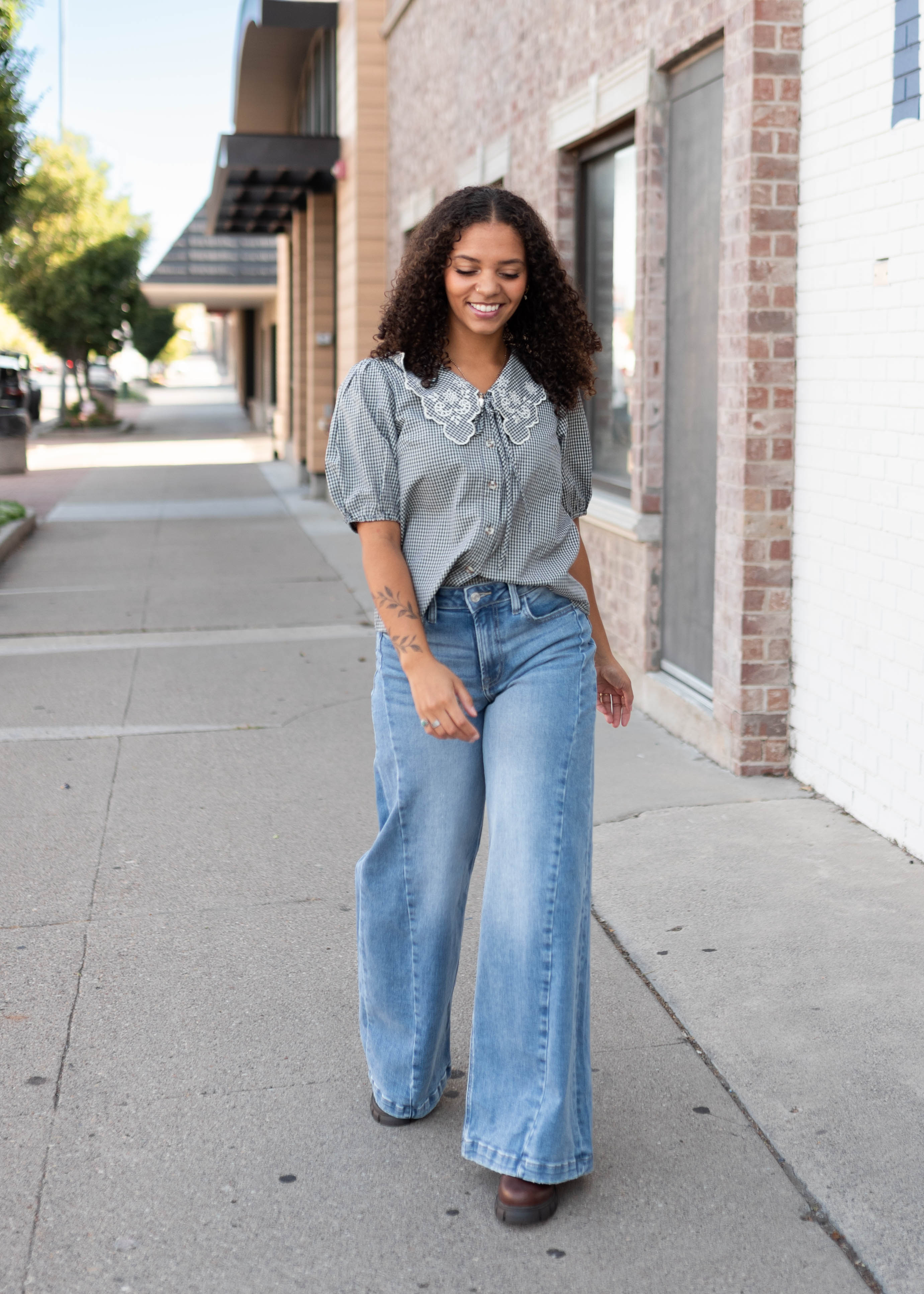 Lindsay Navy & White Gingham Floral Blouse
