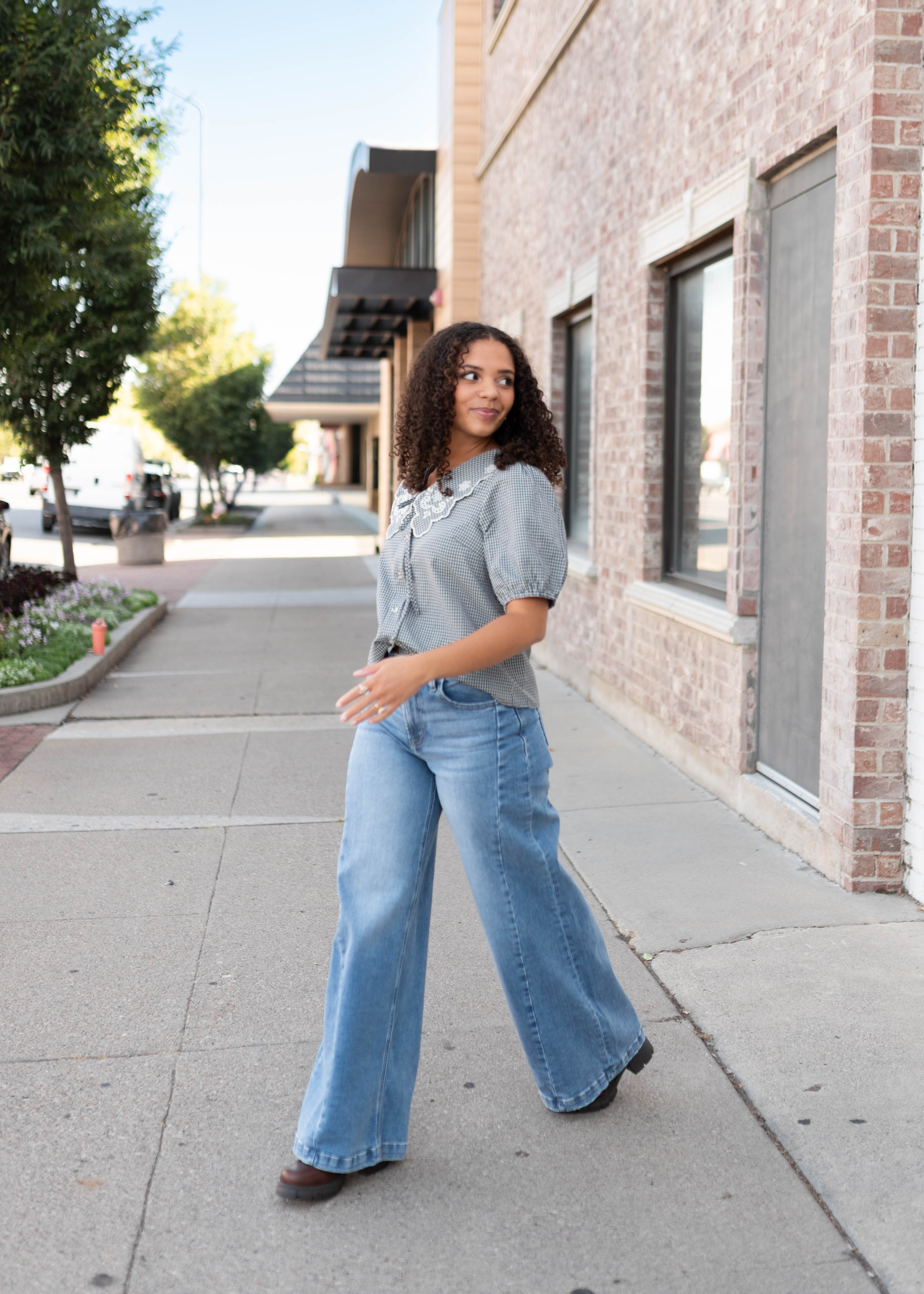 Lindsay Navy & White Gingham Floral Blouse