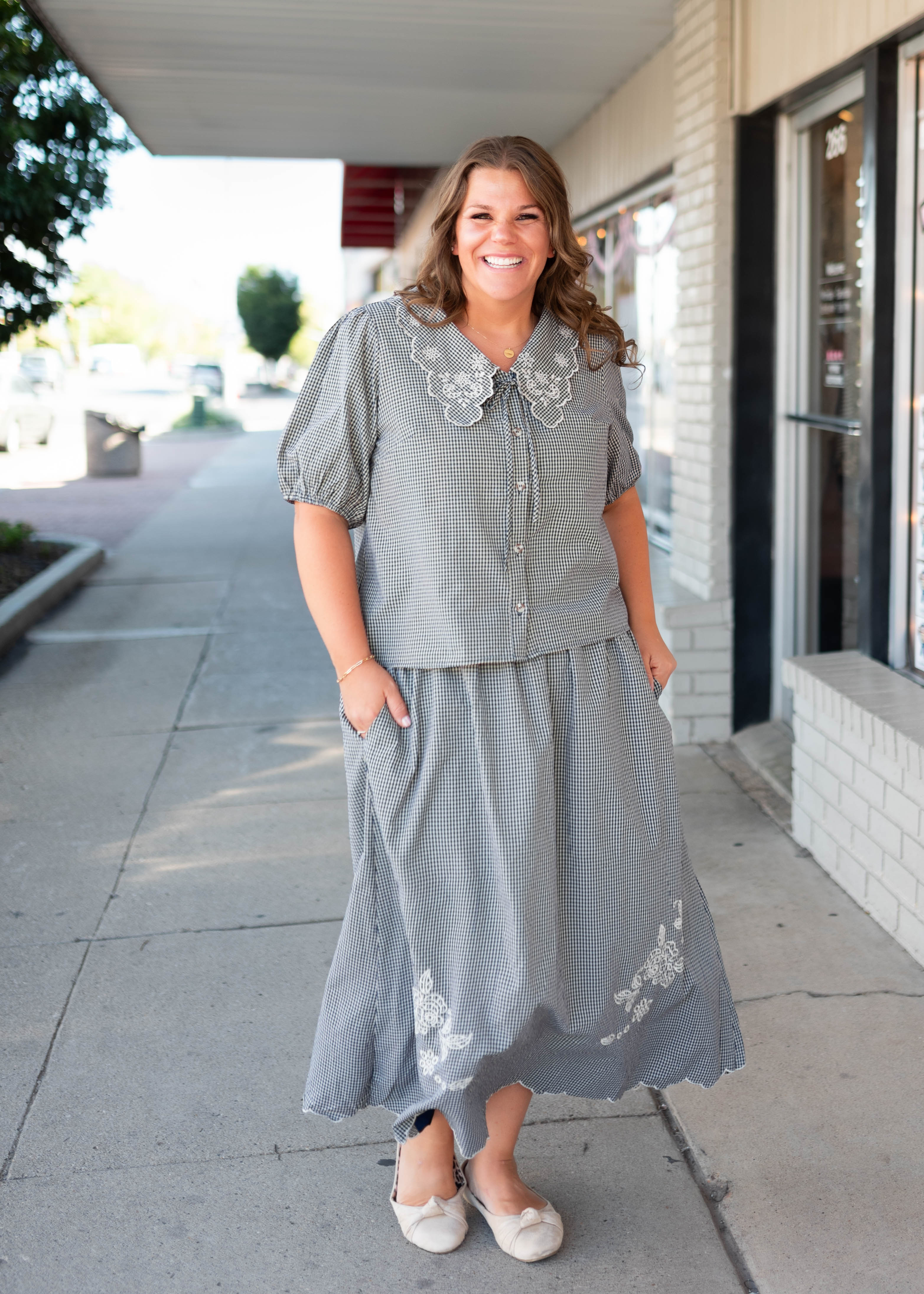 Lindsay Navy & White Gingham Floral Blouse