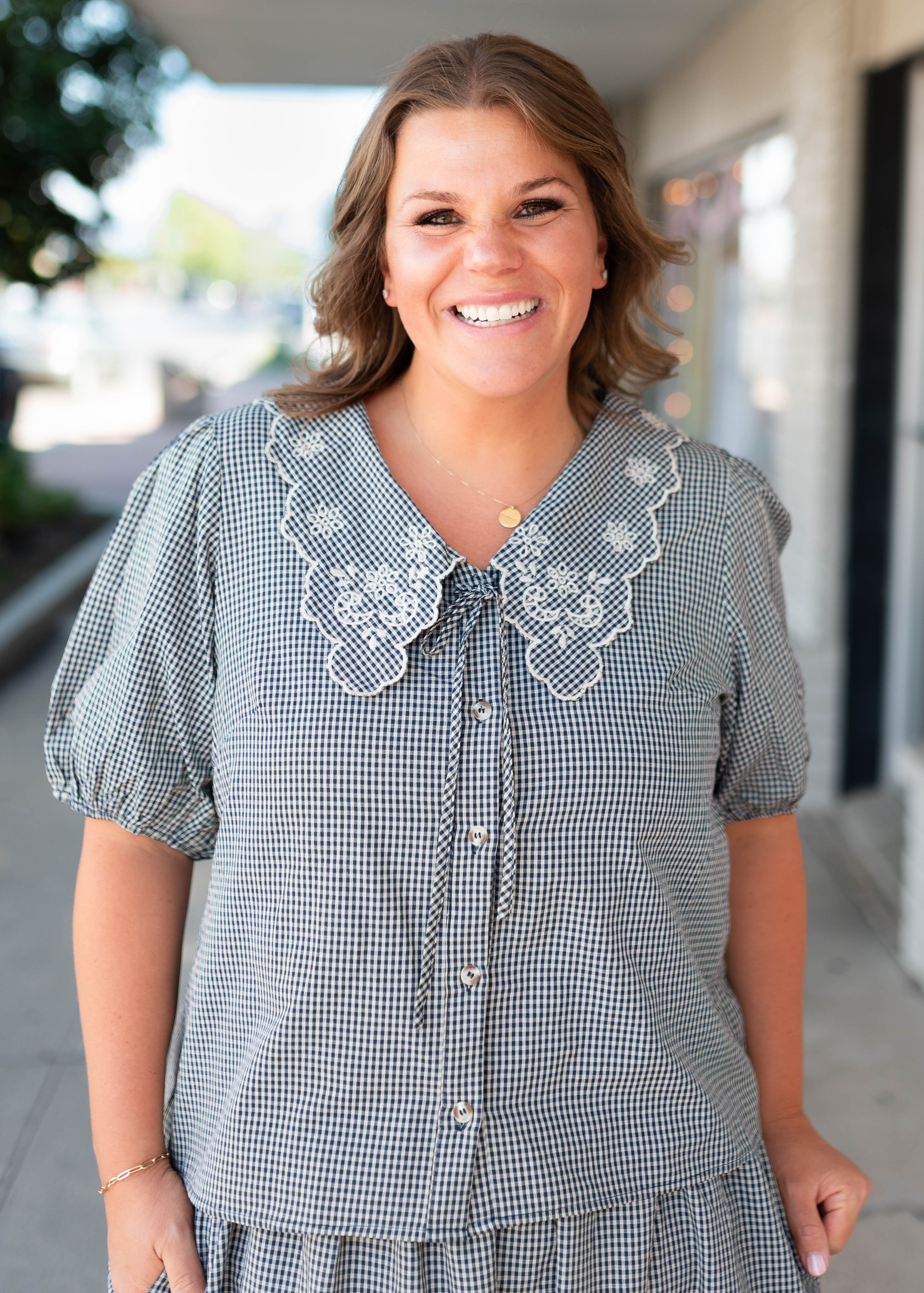 Lindsay Navy & White Gingham Floral Blouse