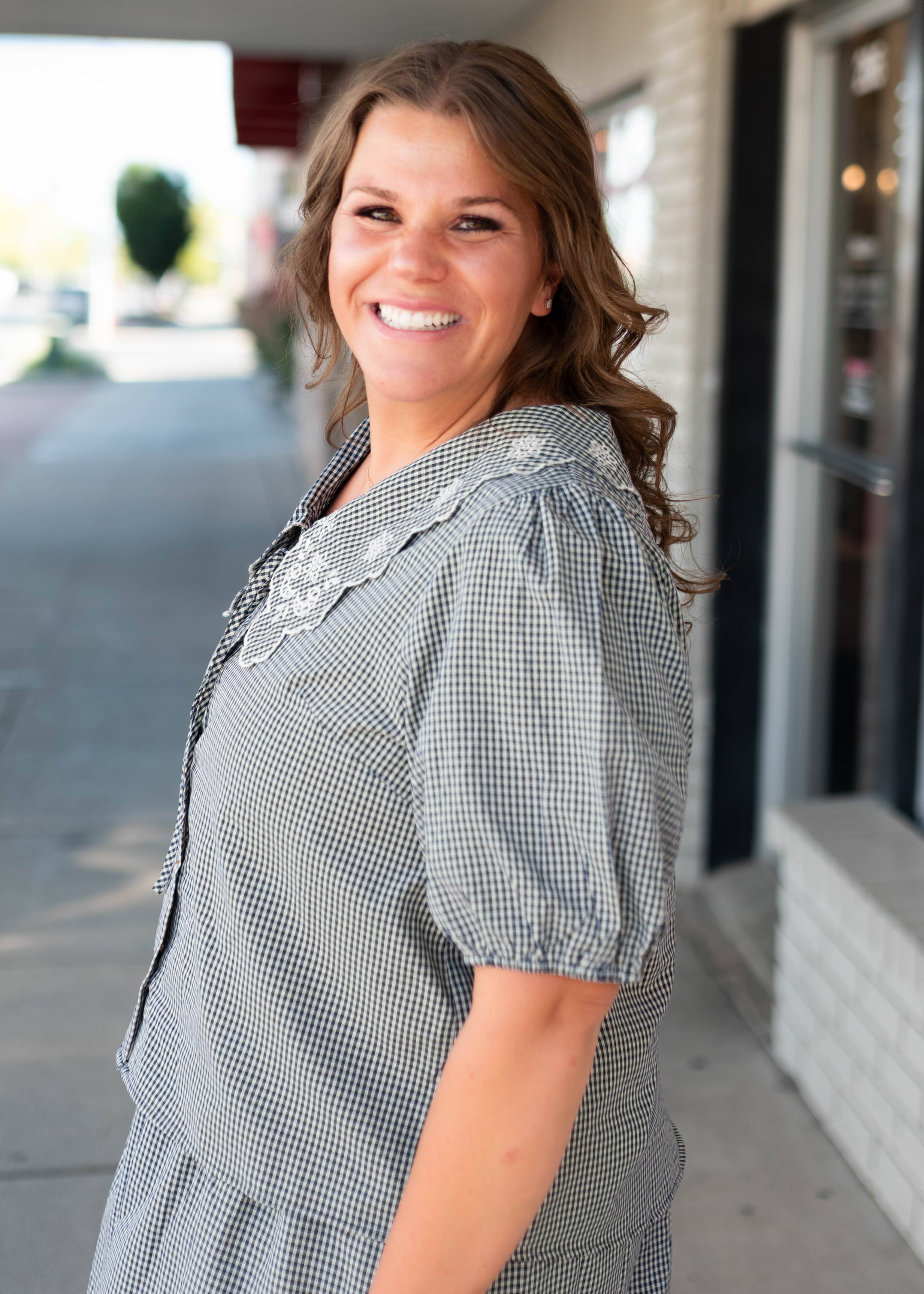 Lindsay Navy & White Gingham Floral Blouse