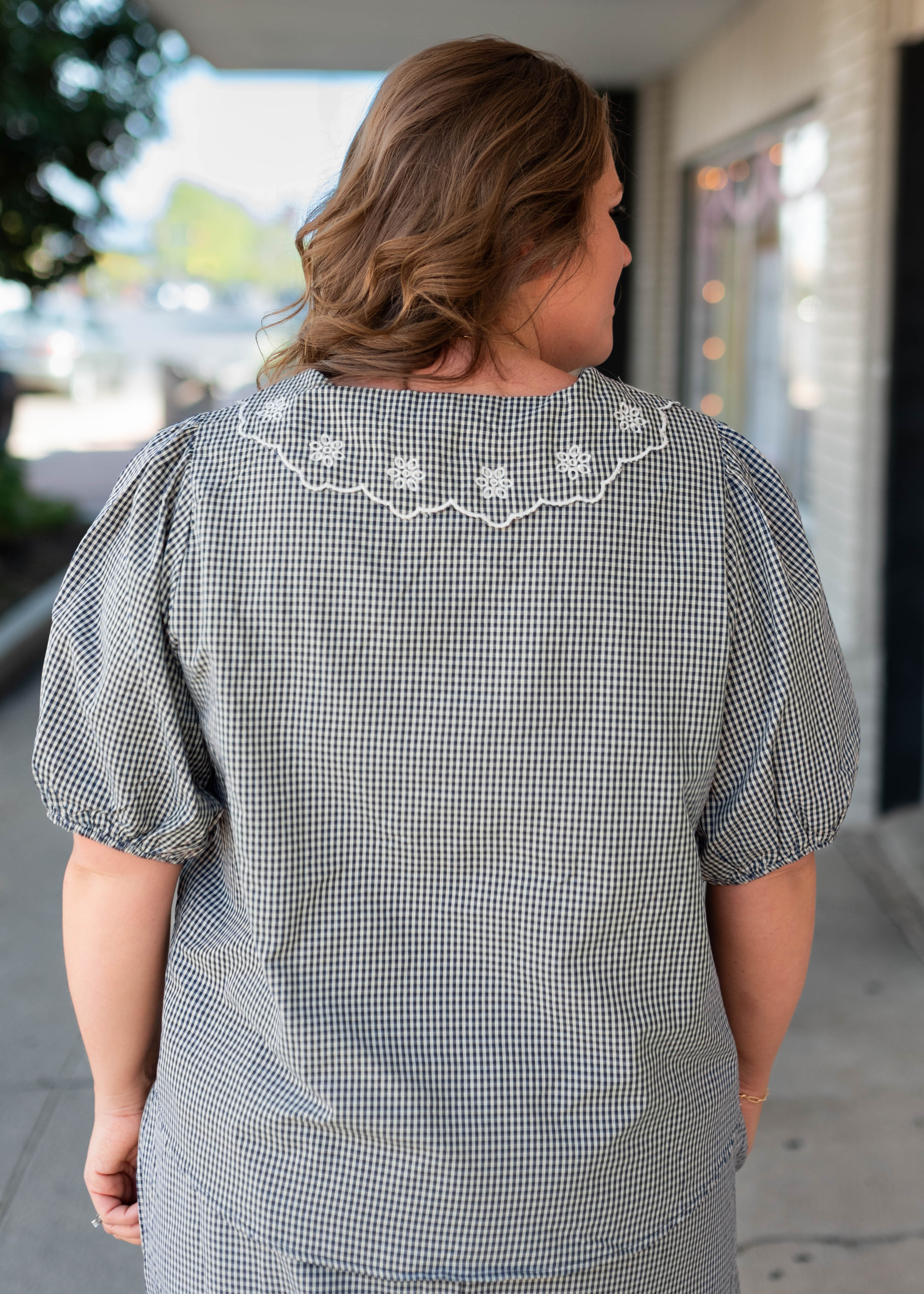 Lindsay Navy & White Gingham Floral Blouse