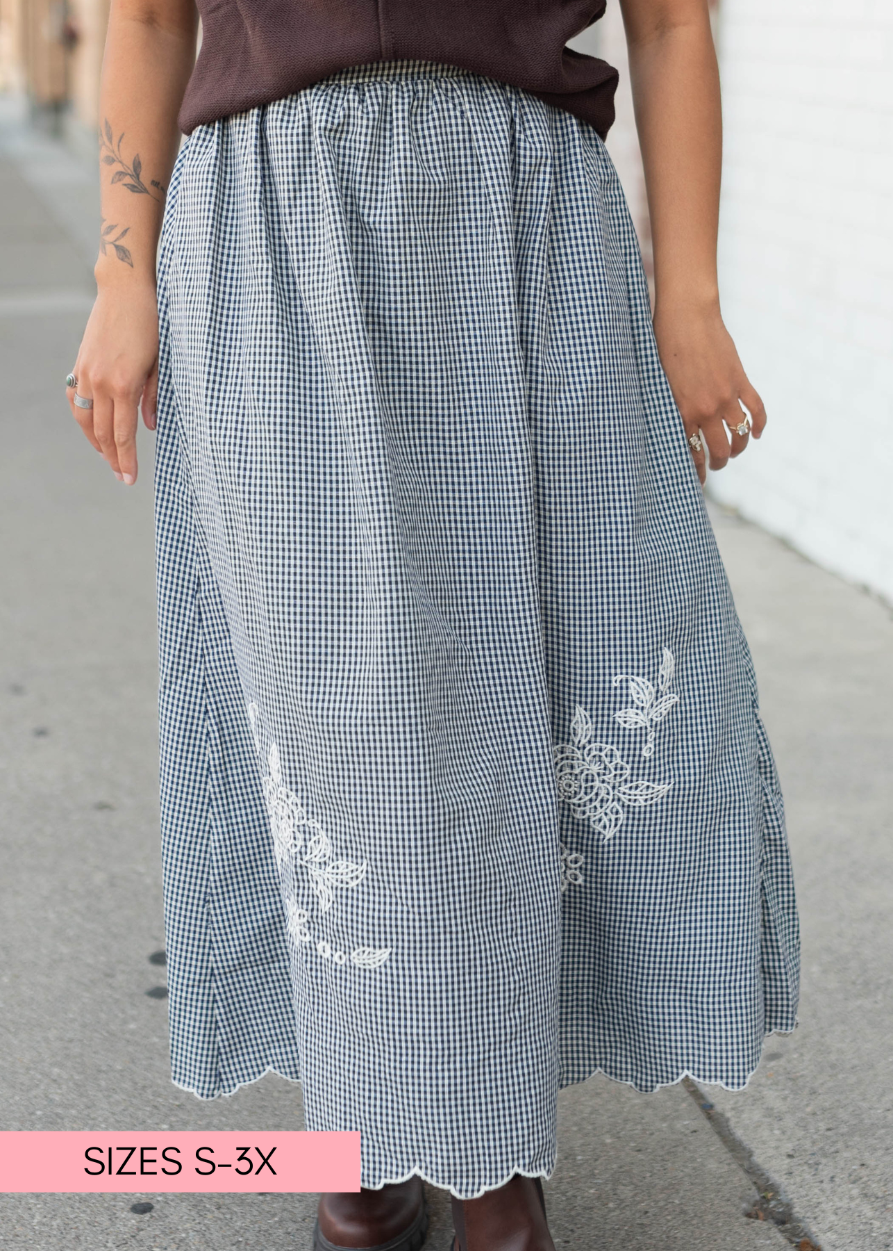 Lindsay Navy & White Gingham Floral Skirt