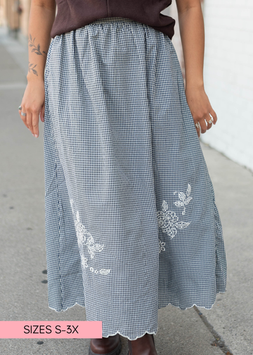 Lindsay Navy & White Gingham Floral Skirt