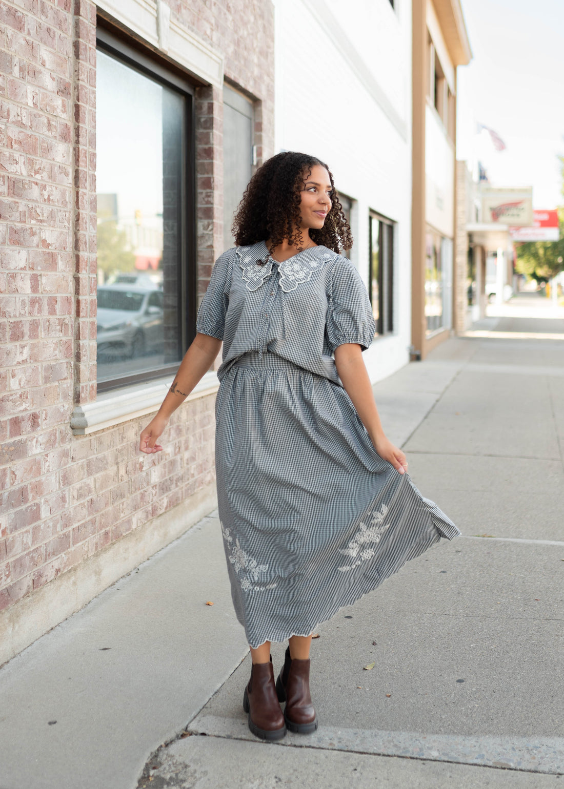 Lindsay Navy & White Gingham Floral Skirt