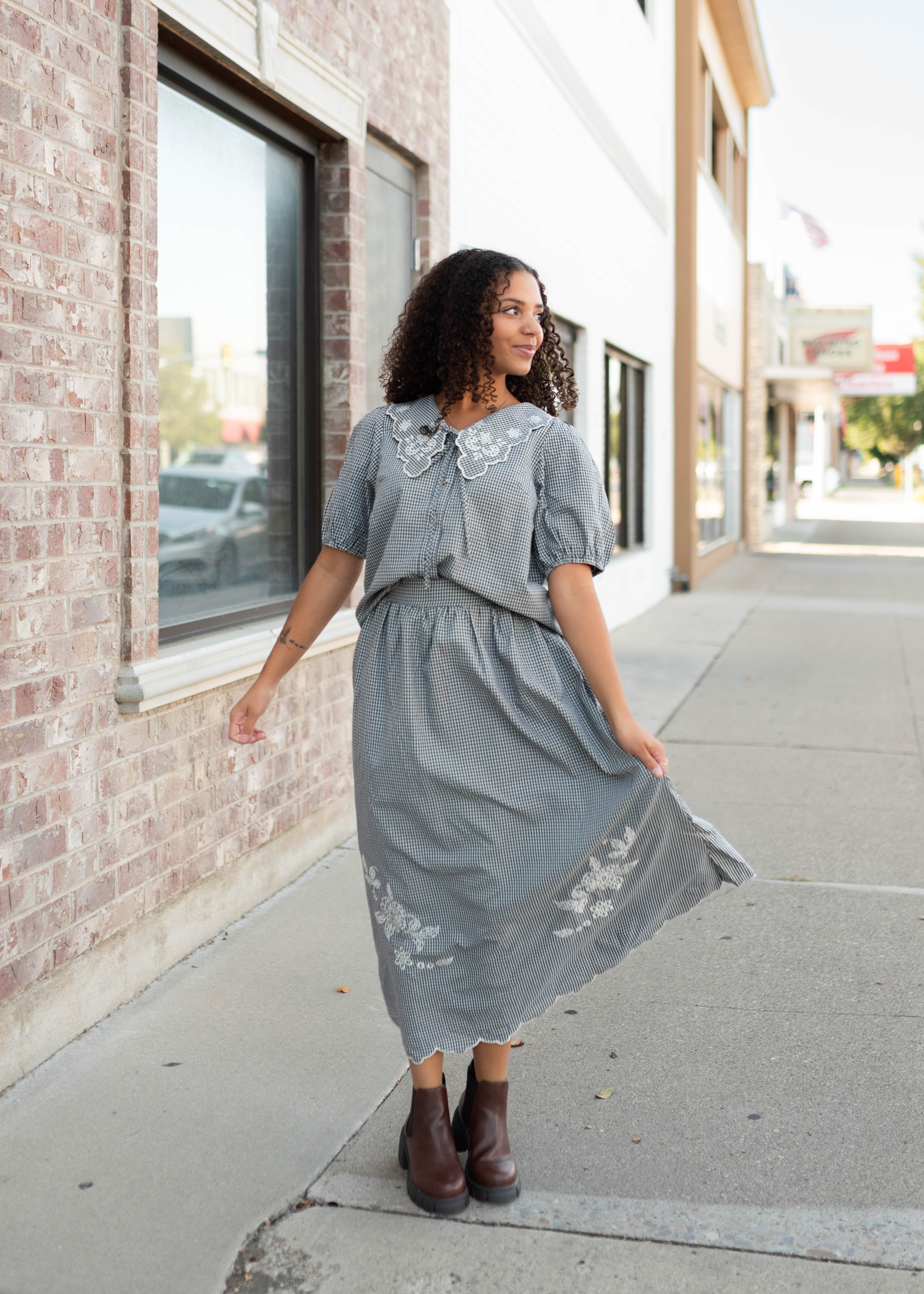 Lindsay Navy & White Gingham Floral Skirt
