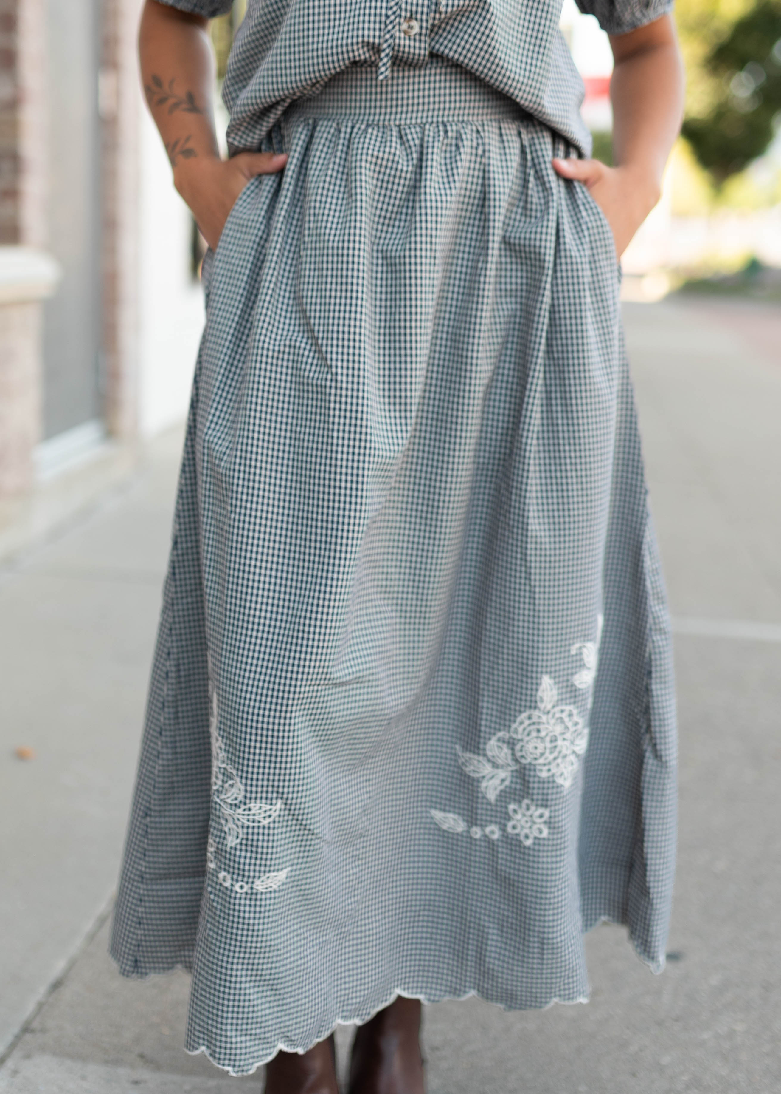 Lindsay Navy & White Gingham Floral Skirt