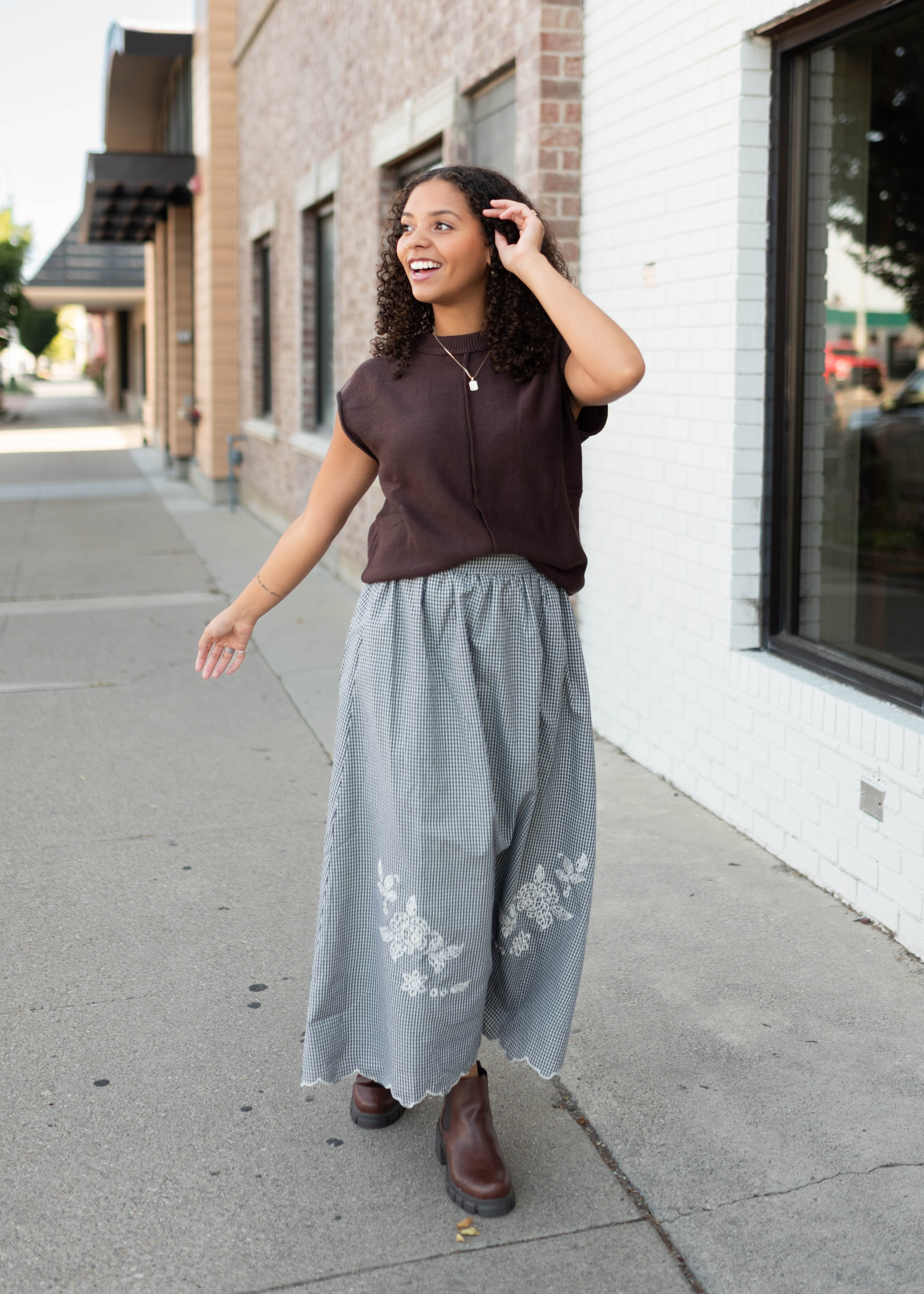 Lindsay Navy & White Gingham Floral Skirt