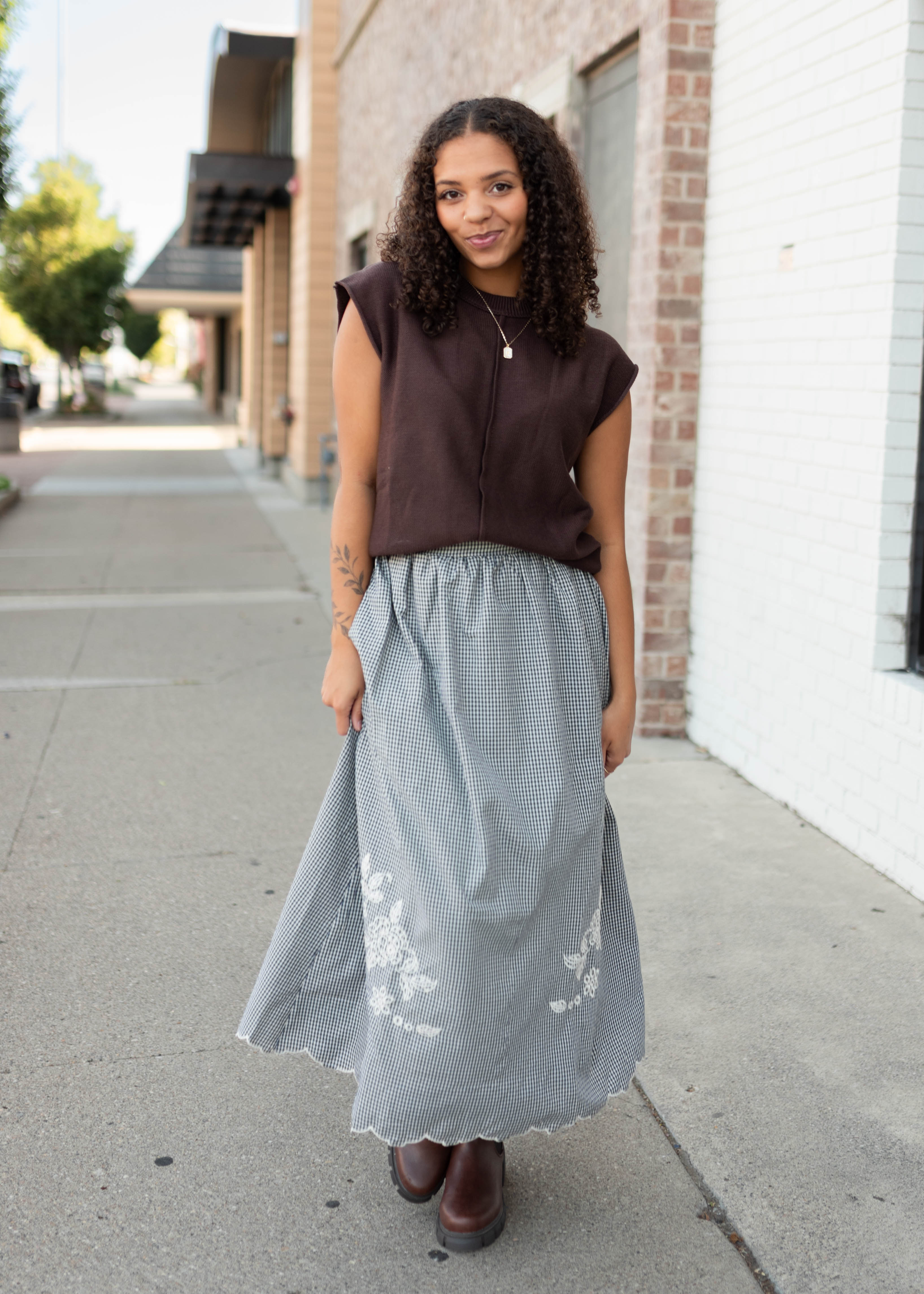 Lindsay Navy & White Gingham Floral Skirt