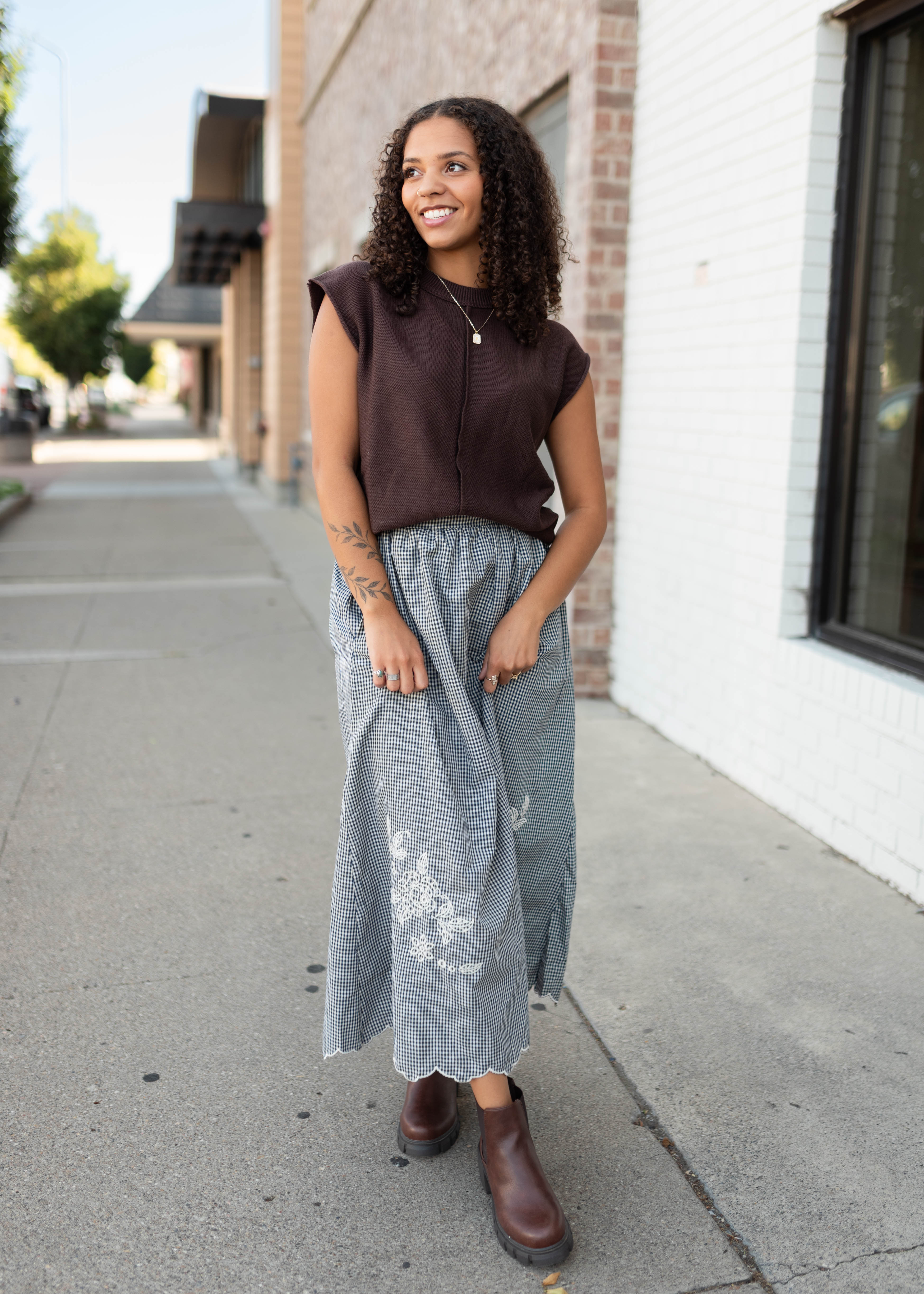 Lindsay Navy & White Gingham Floral Skirt