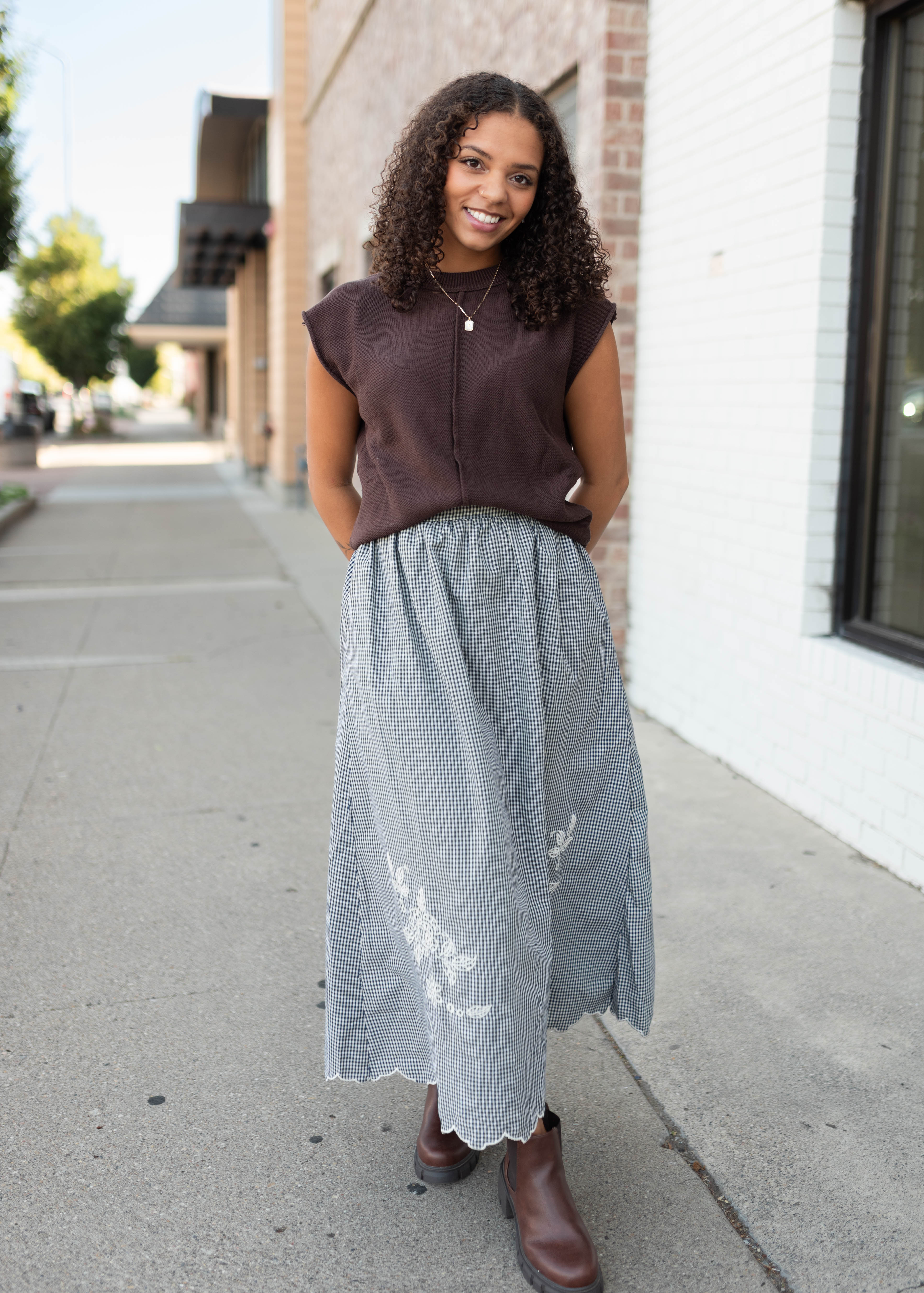 Lindsay Navy & White Gingham Floral Skirt