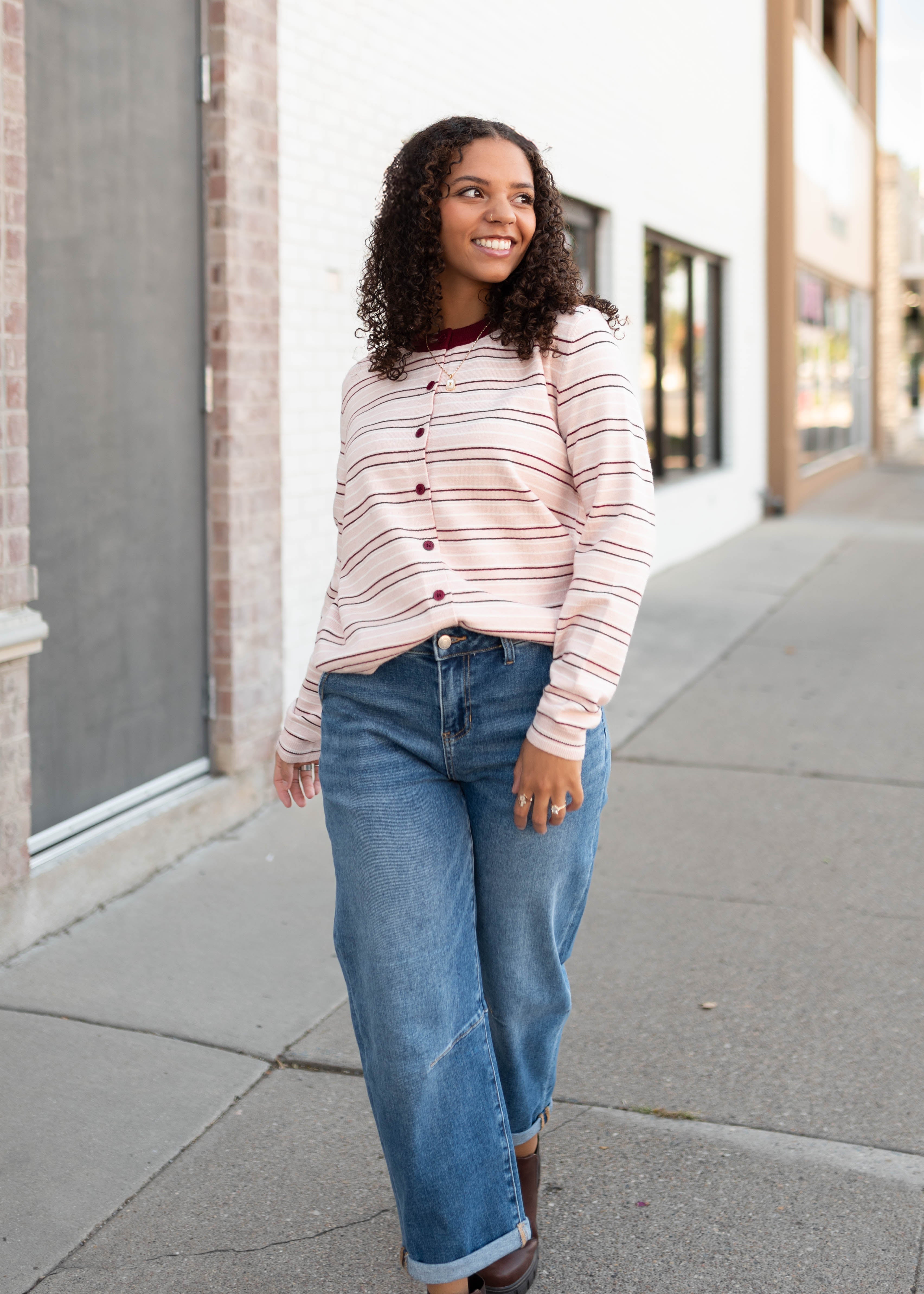 Maggie Light Pink Striped Long Sleeve Cardigan