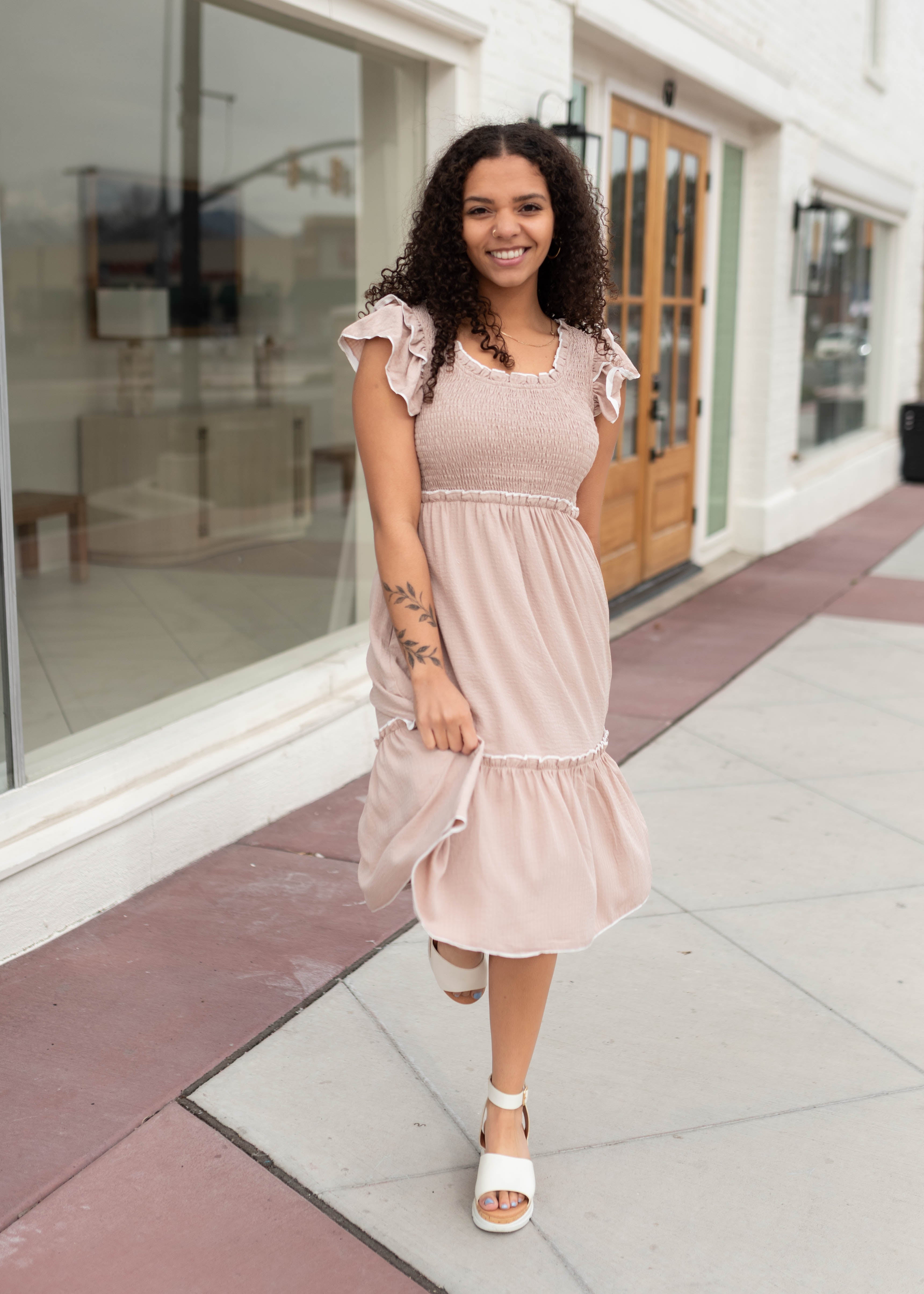 Macy Taupe Smocked Dress