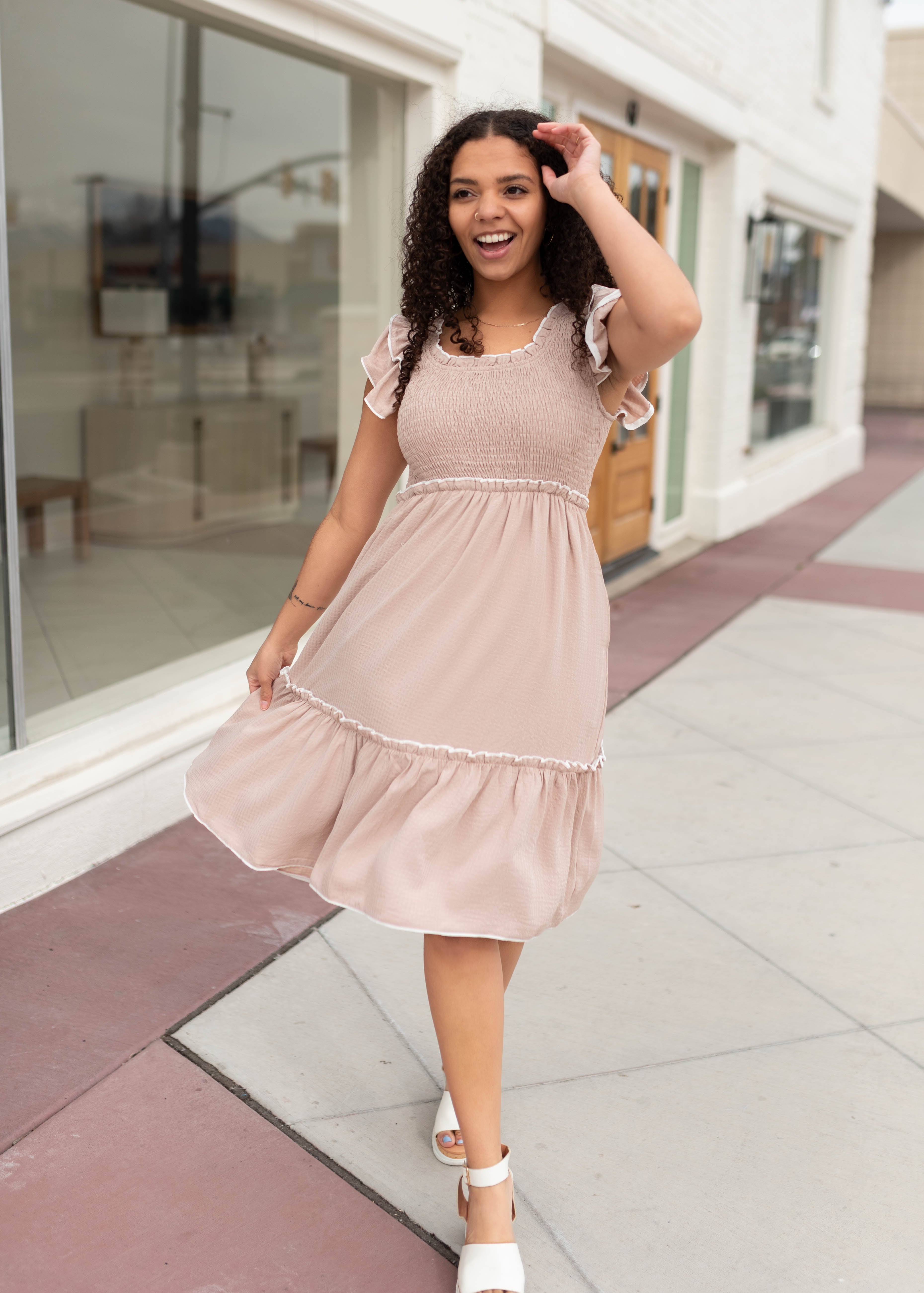 Macy Taupe Smocked Dress