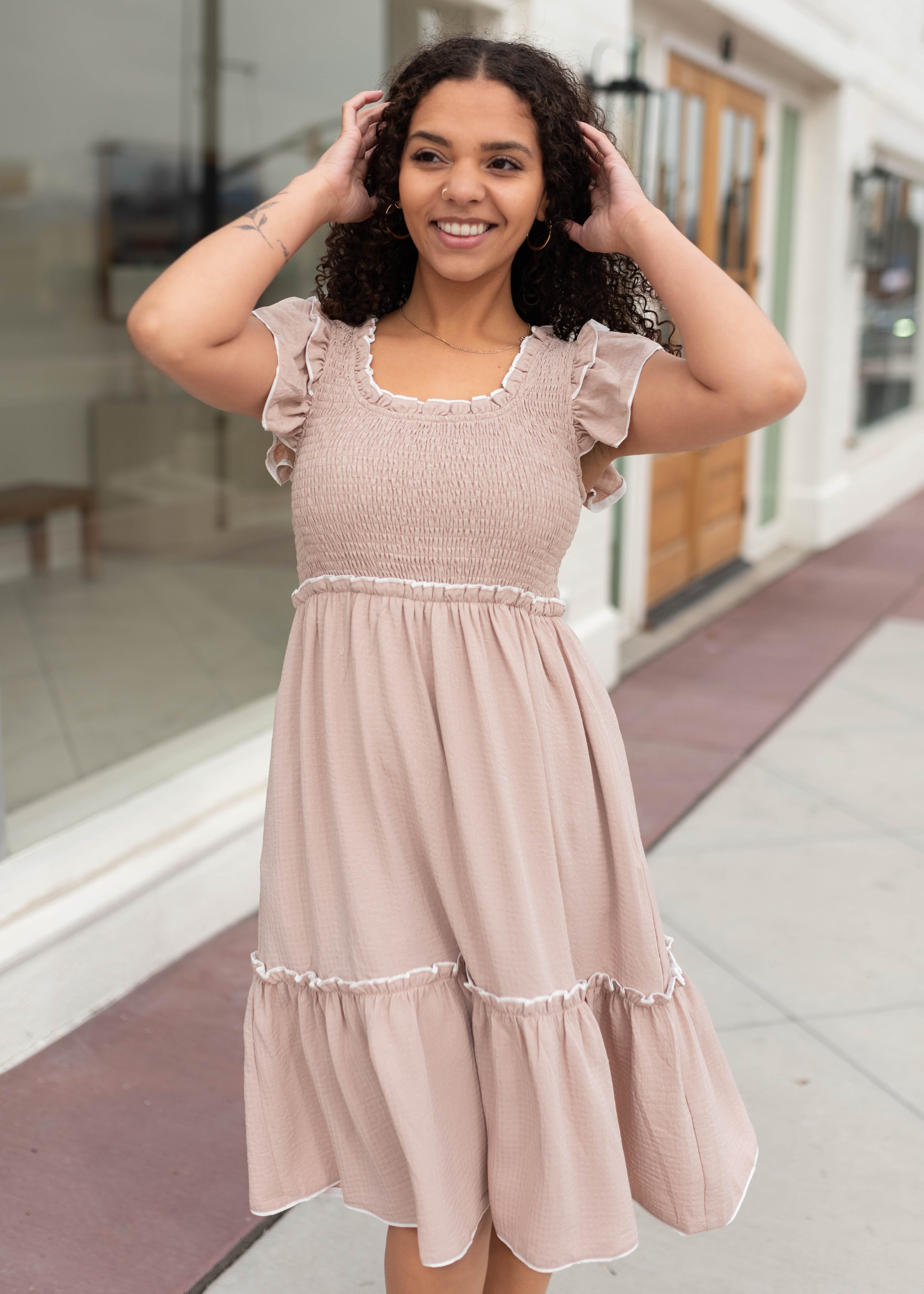 Macy Taupe Smocked Dress