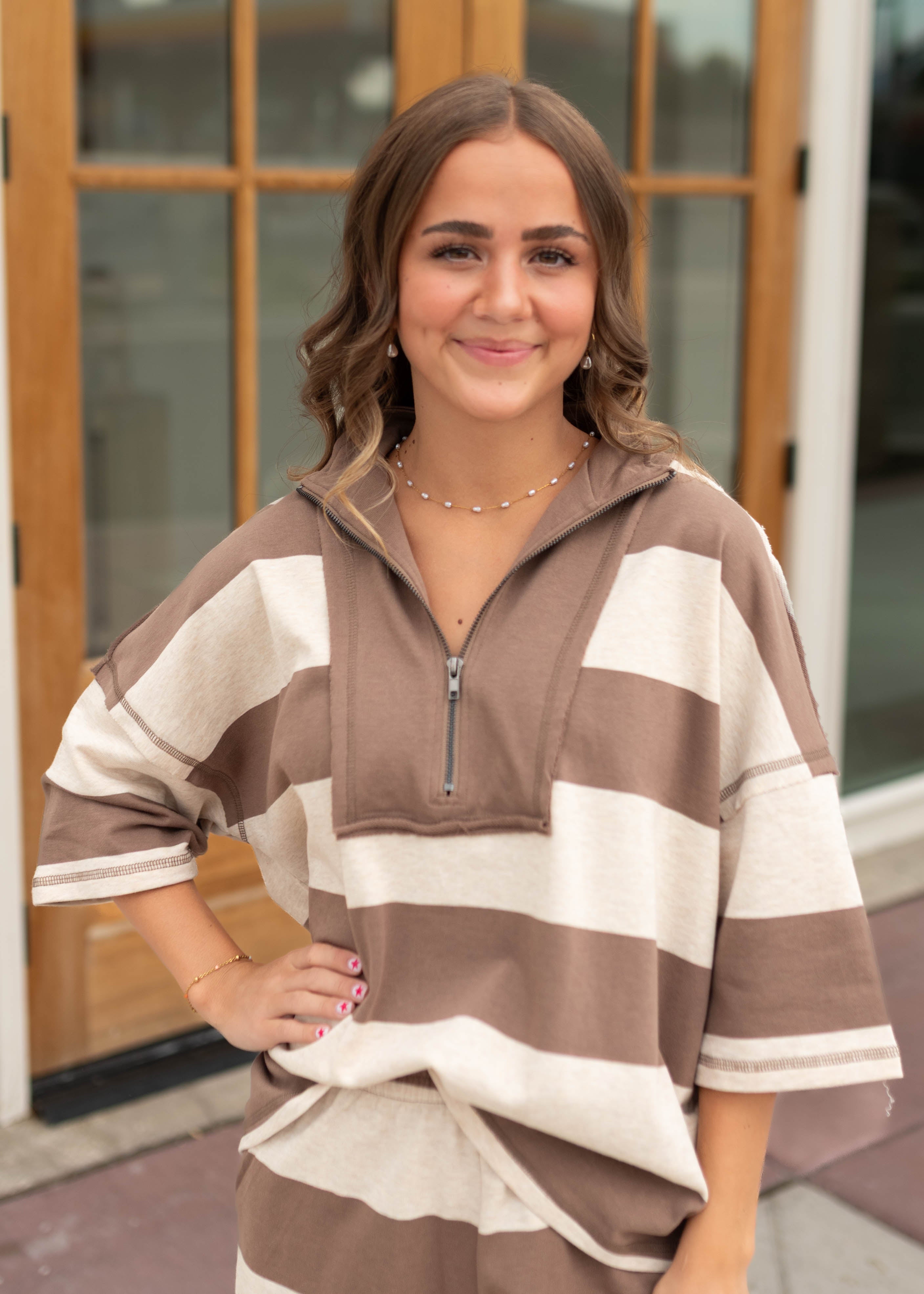 Madison Mocha & Cream Striped Half-Zip Lounge Set