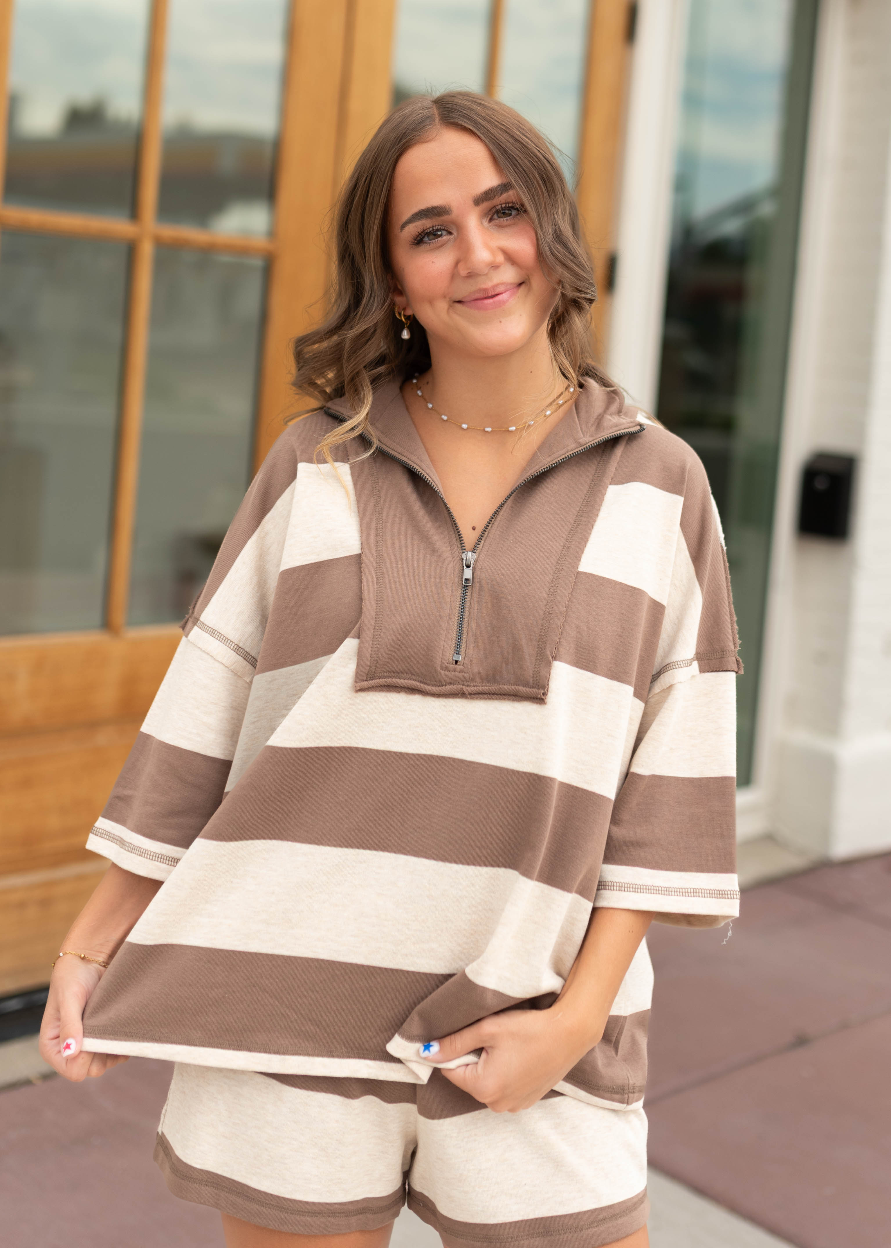 Madison Mocha & Cream Striped Half-Zip Lounge Set