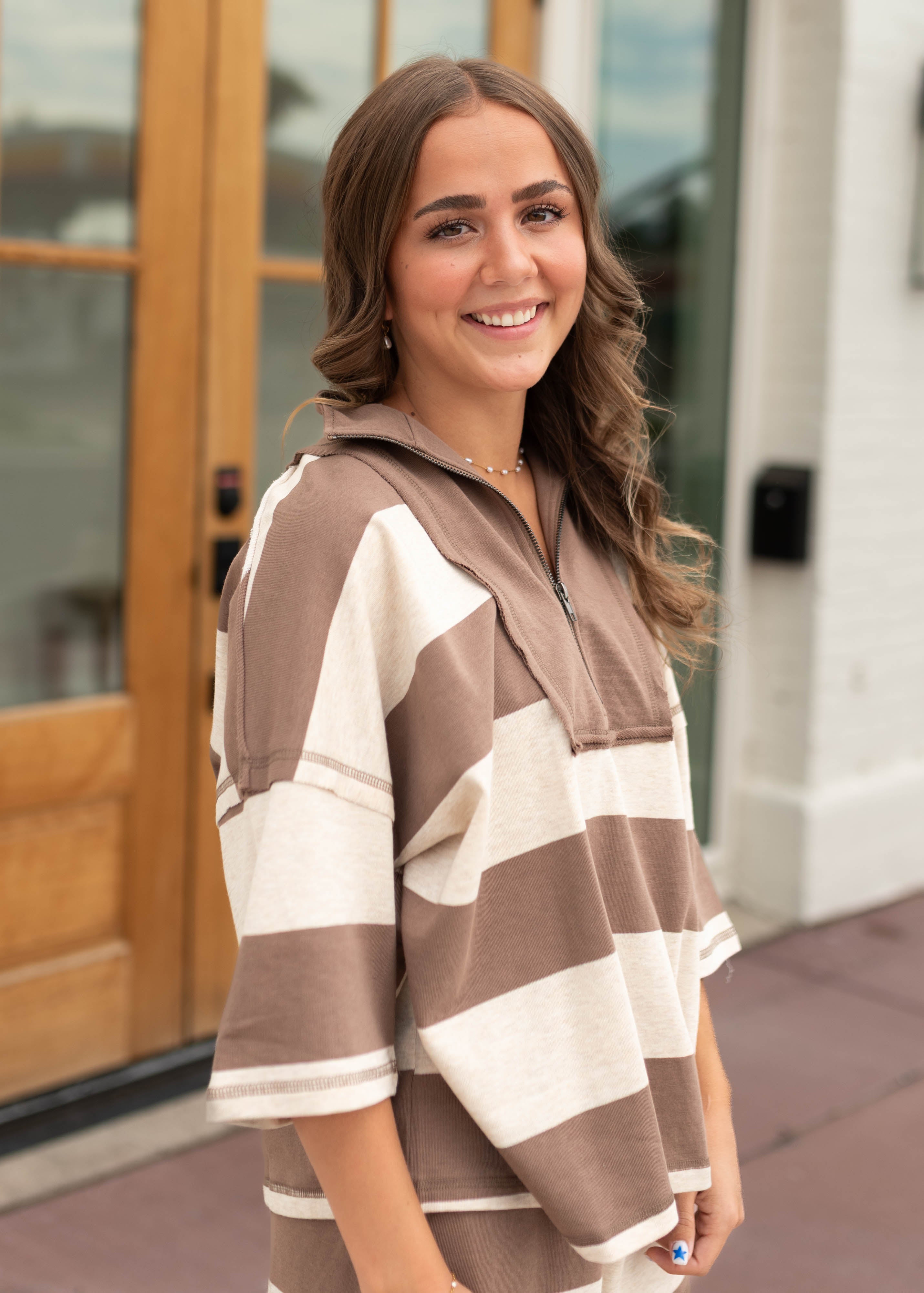 Madison Mocha & Cream Striped Half-Zip Lounge Set