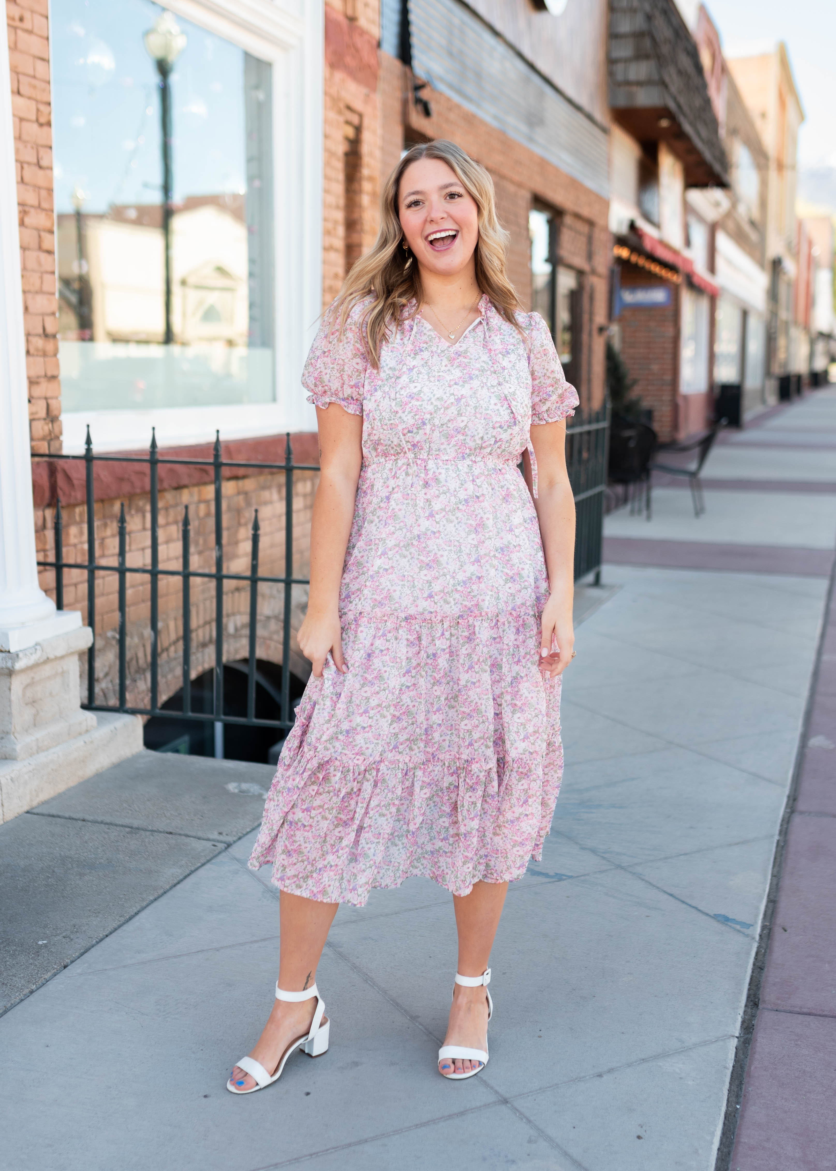 Margaret Pink Floral Tiered Dress