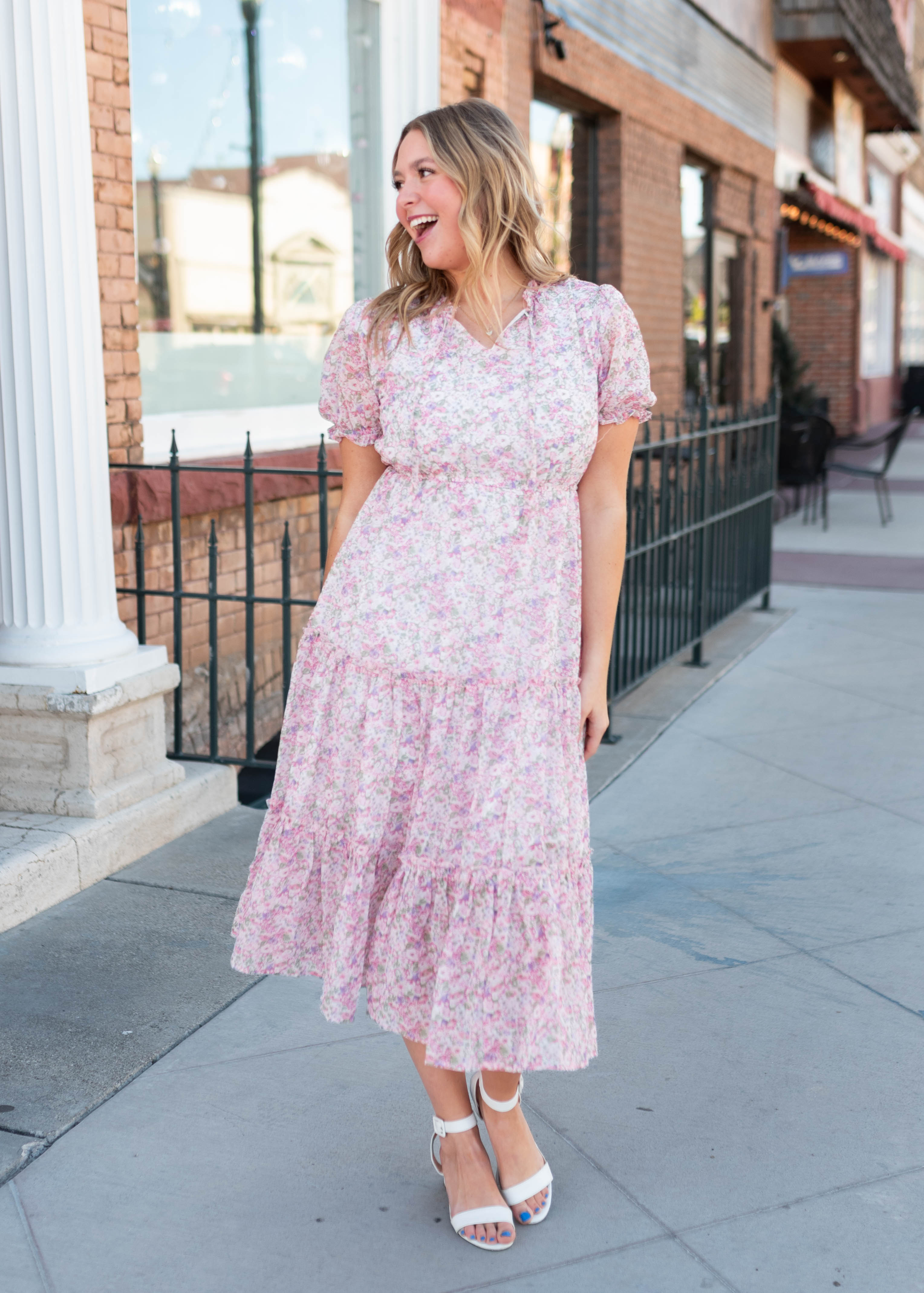 Margaret Pink Floral Tiered Dress