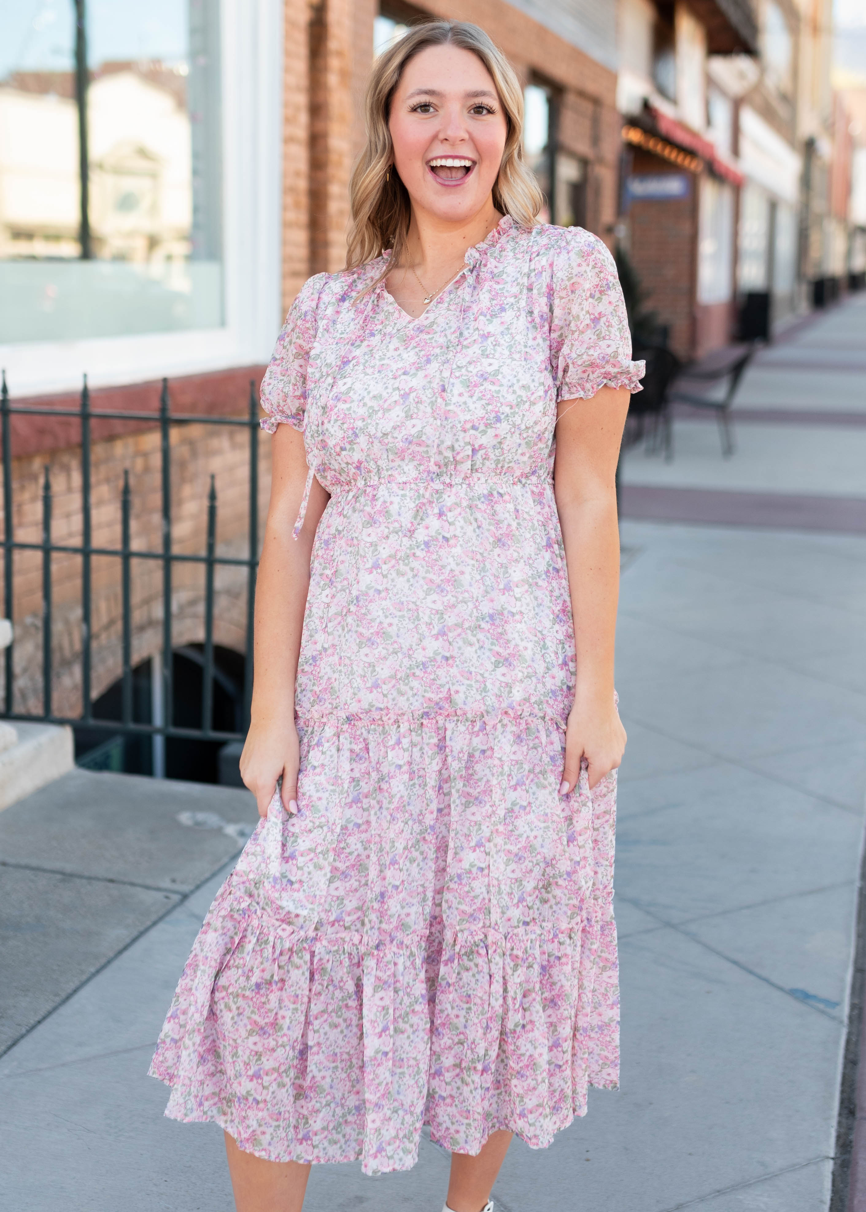 Margaret Pink Floral Tiered Dress