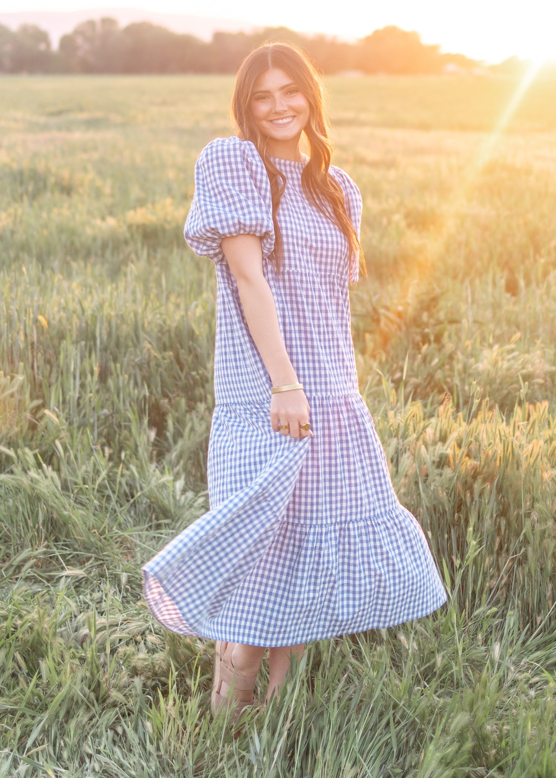 Mariah Blue Gingham Tiered Dress