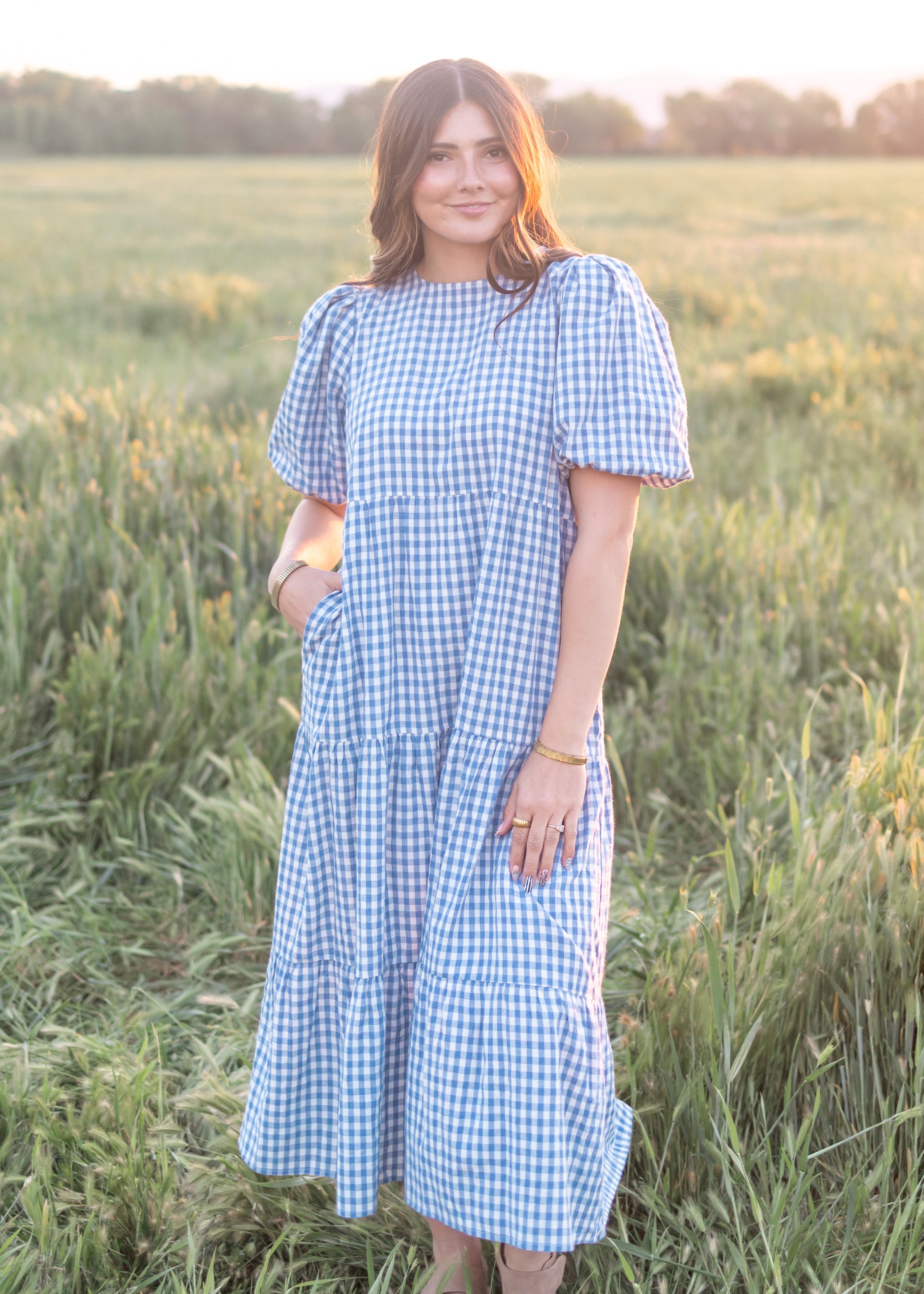 Mariah Blue Gingham Tiered Dress