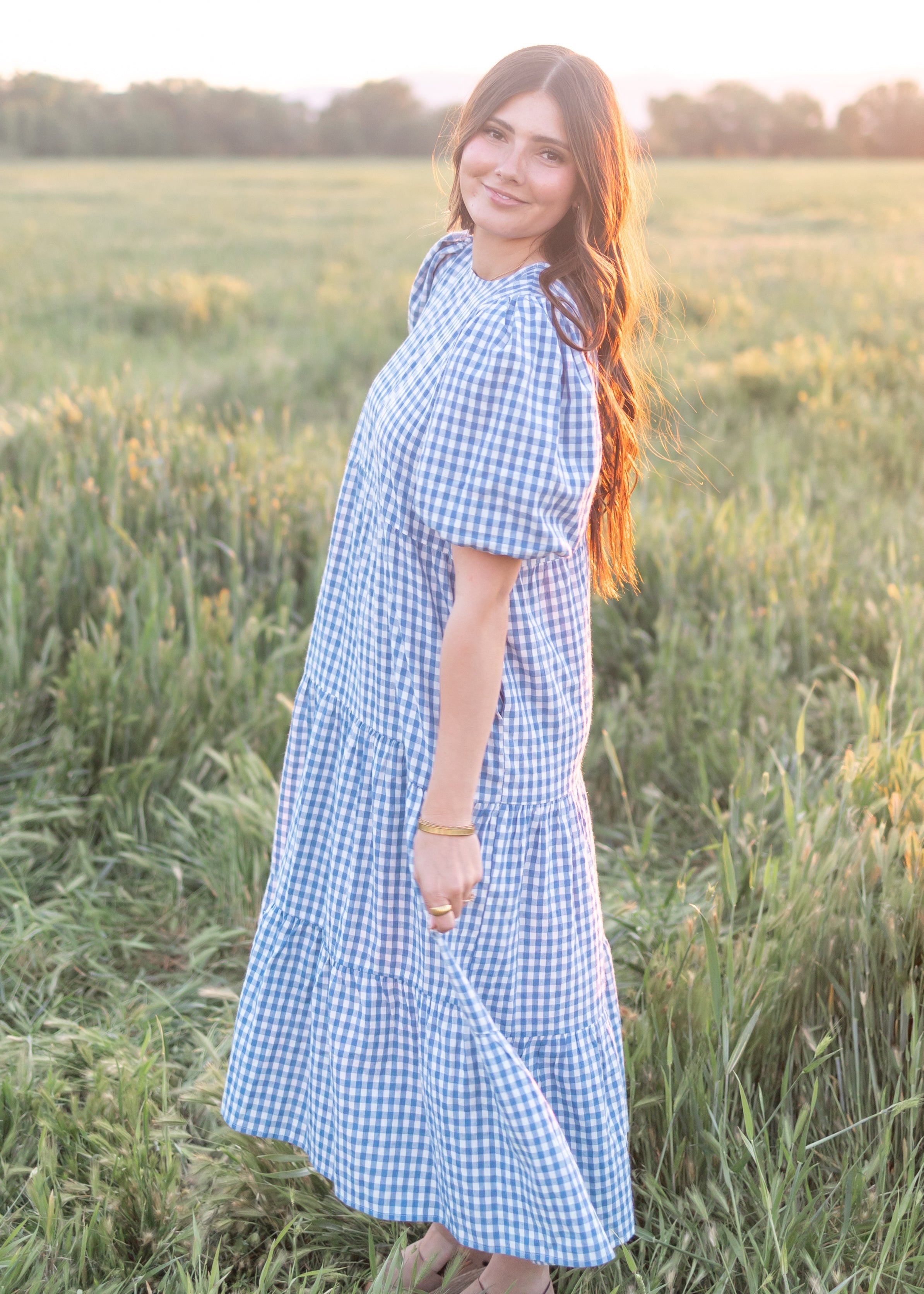 Mariah Blue Gingham Tiered Dress