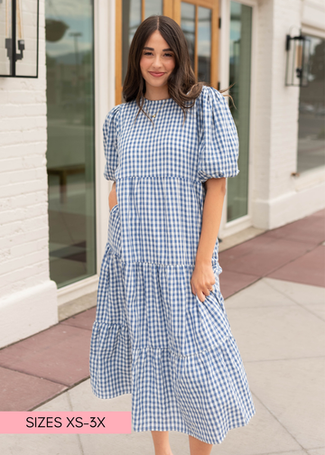 Mariah Blue Gingham Tiered Dress