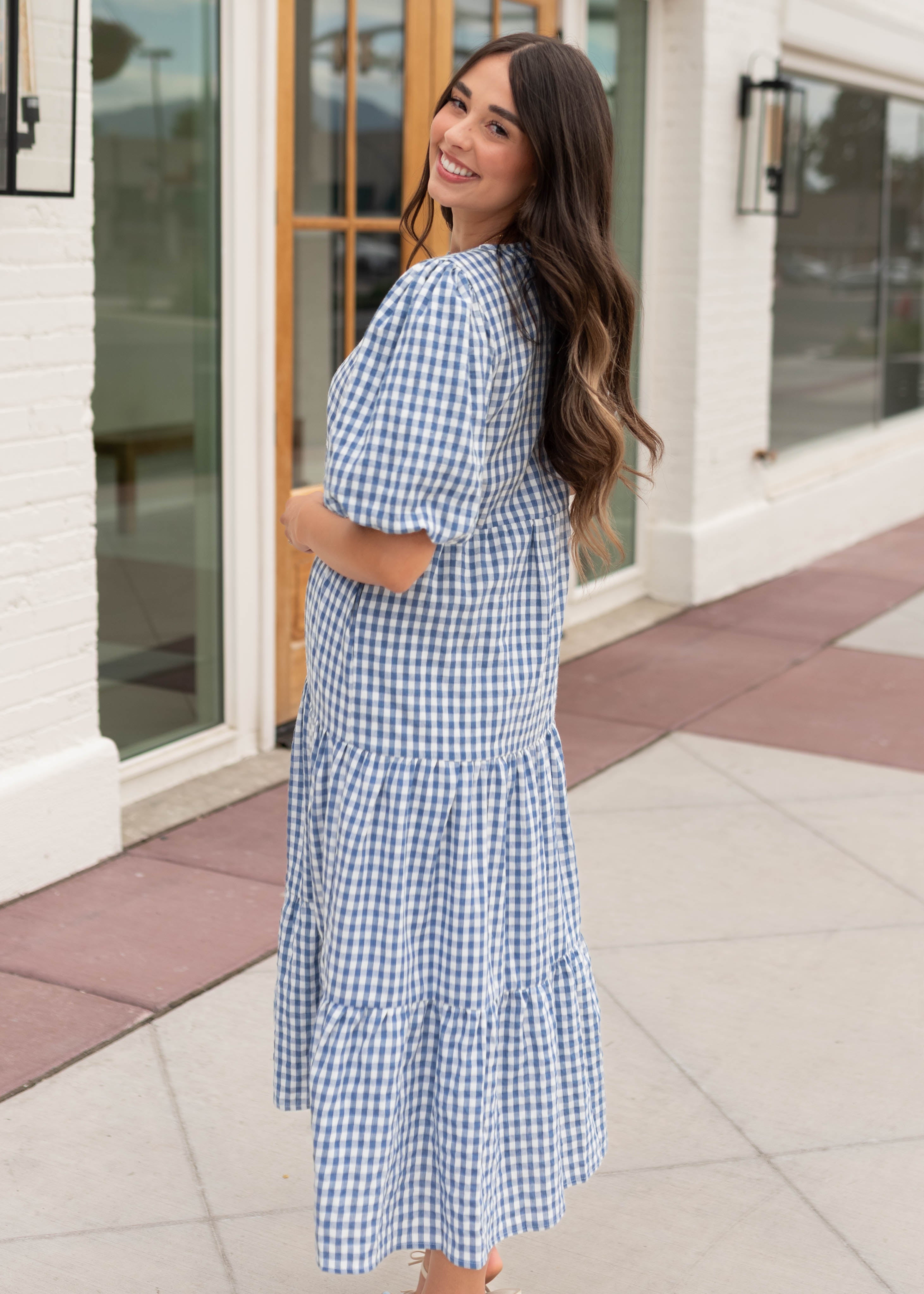 Mariah Blue Gingham Tiered Dress