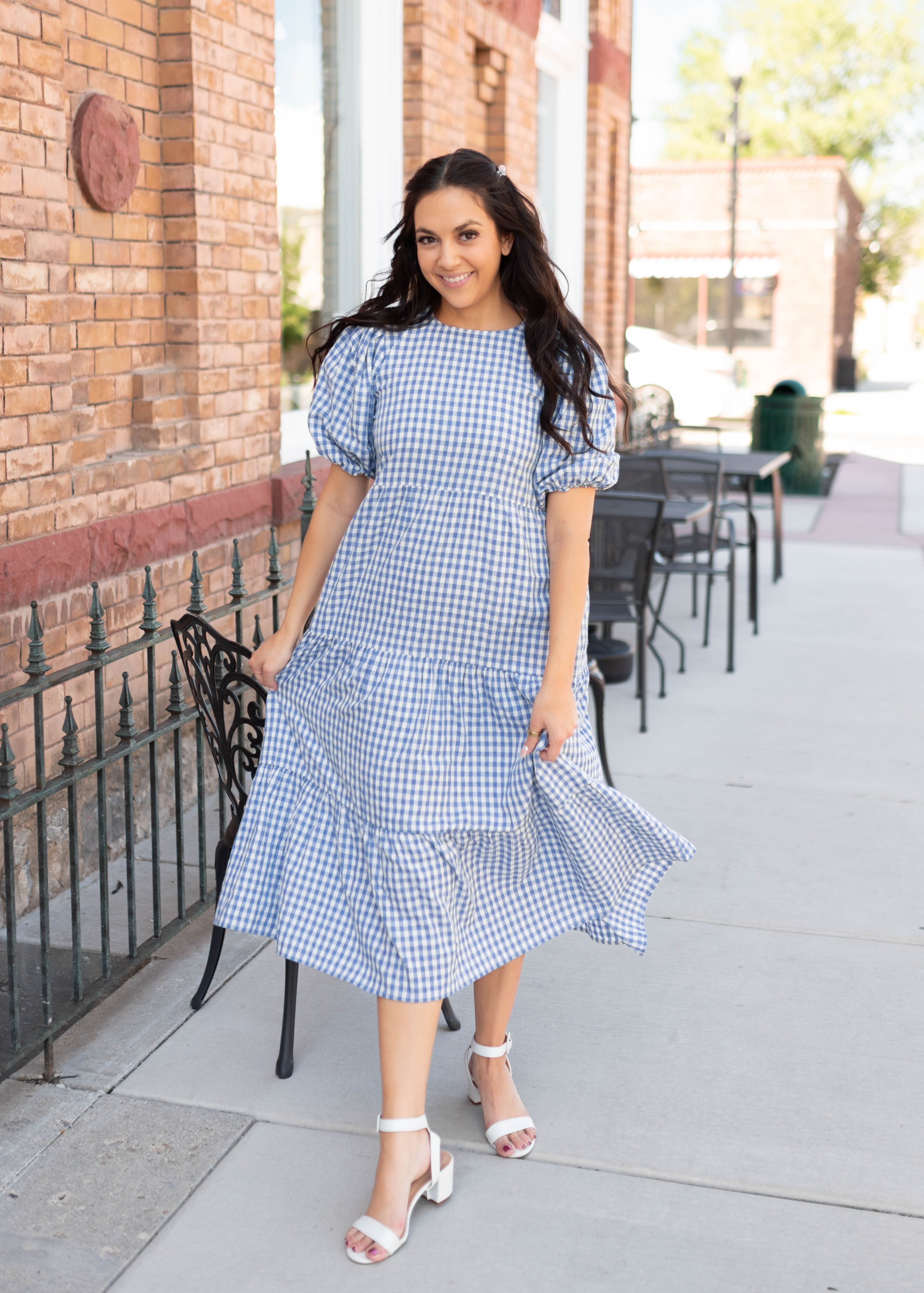 Mariah Blue Gingham Tiered Dress