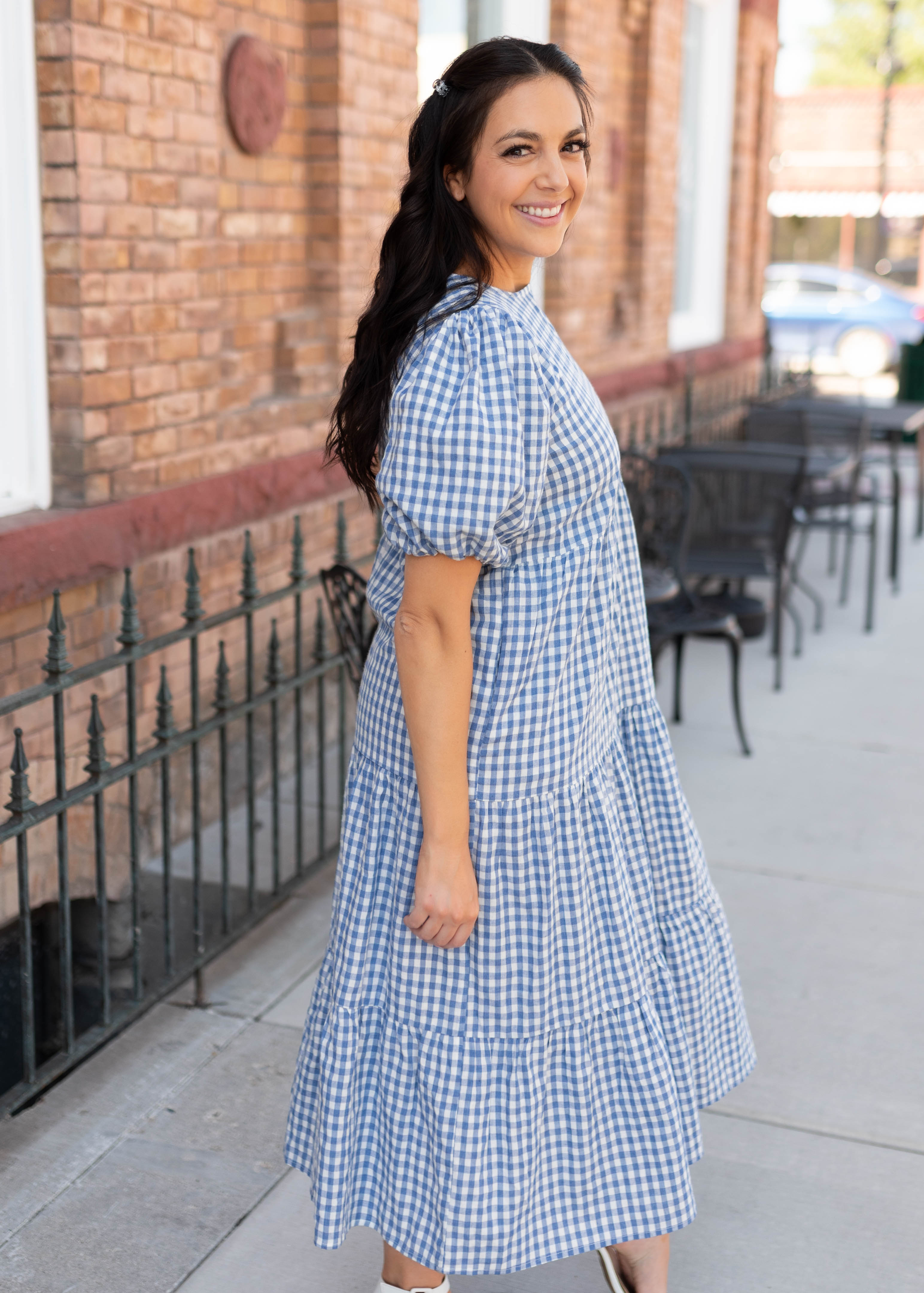 Mariah Blue Gingham Tiered Dress