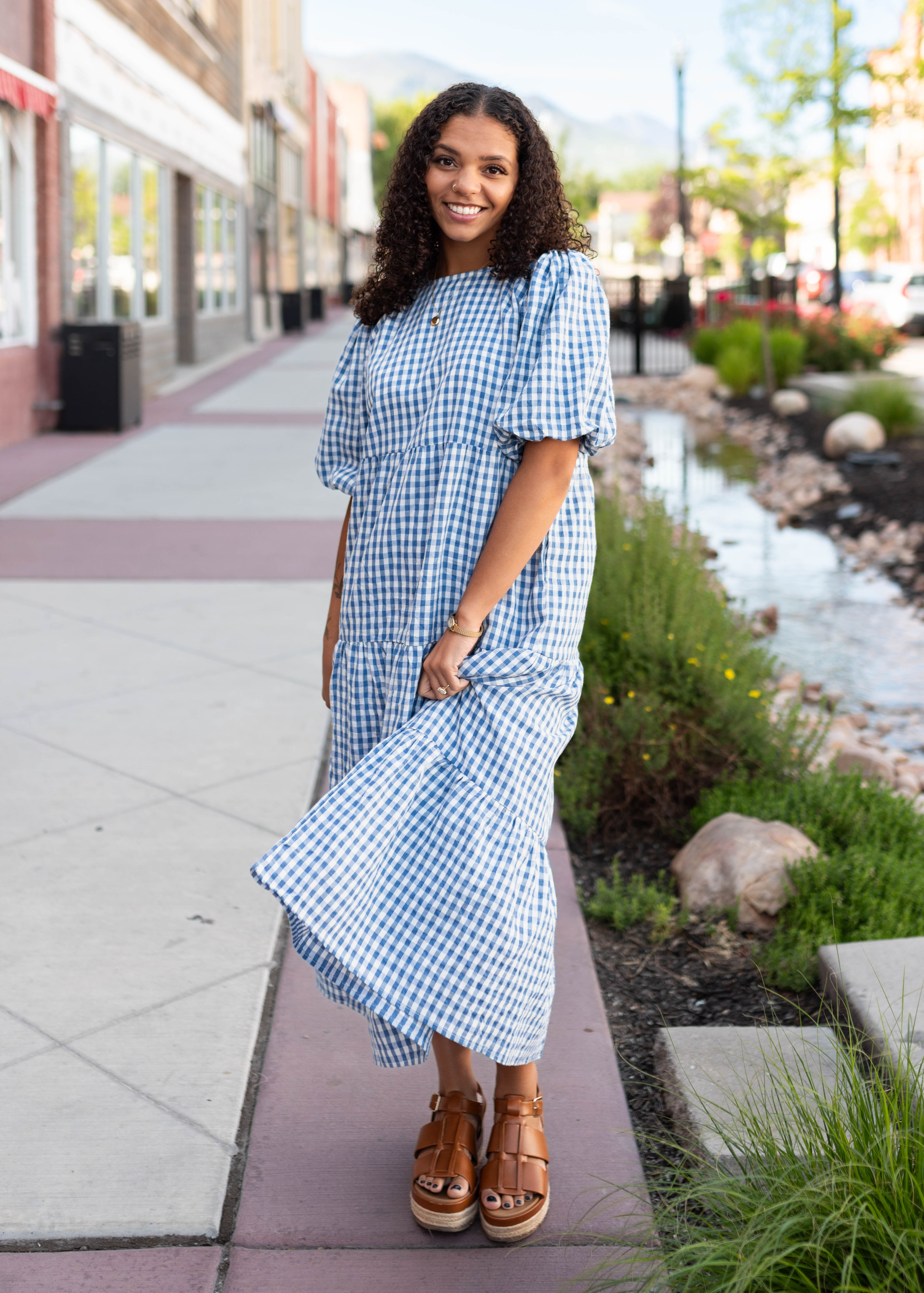 Mariah Blue Gingham Tiered Dress