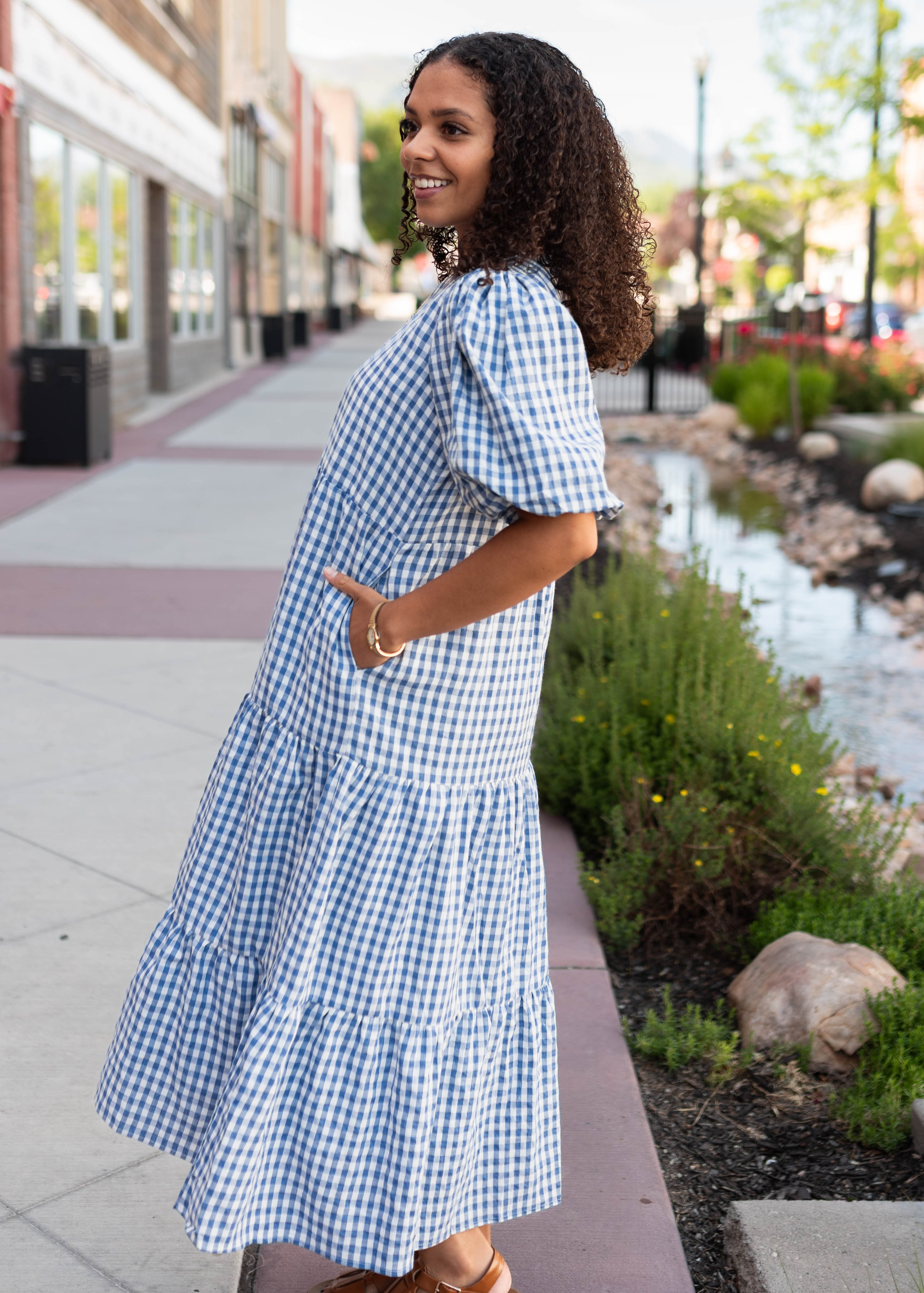 Mariah Blue Gingham Tiered Dress
