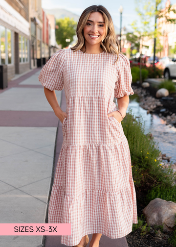 Mariah Pink Gingham Tiered Dress