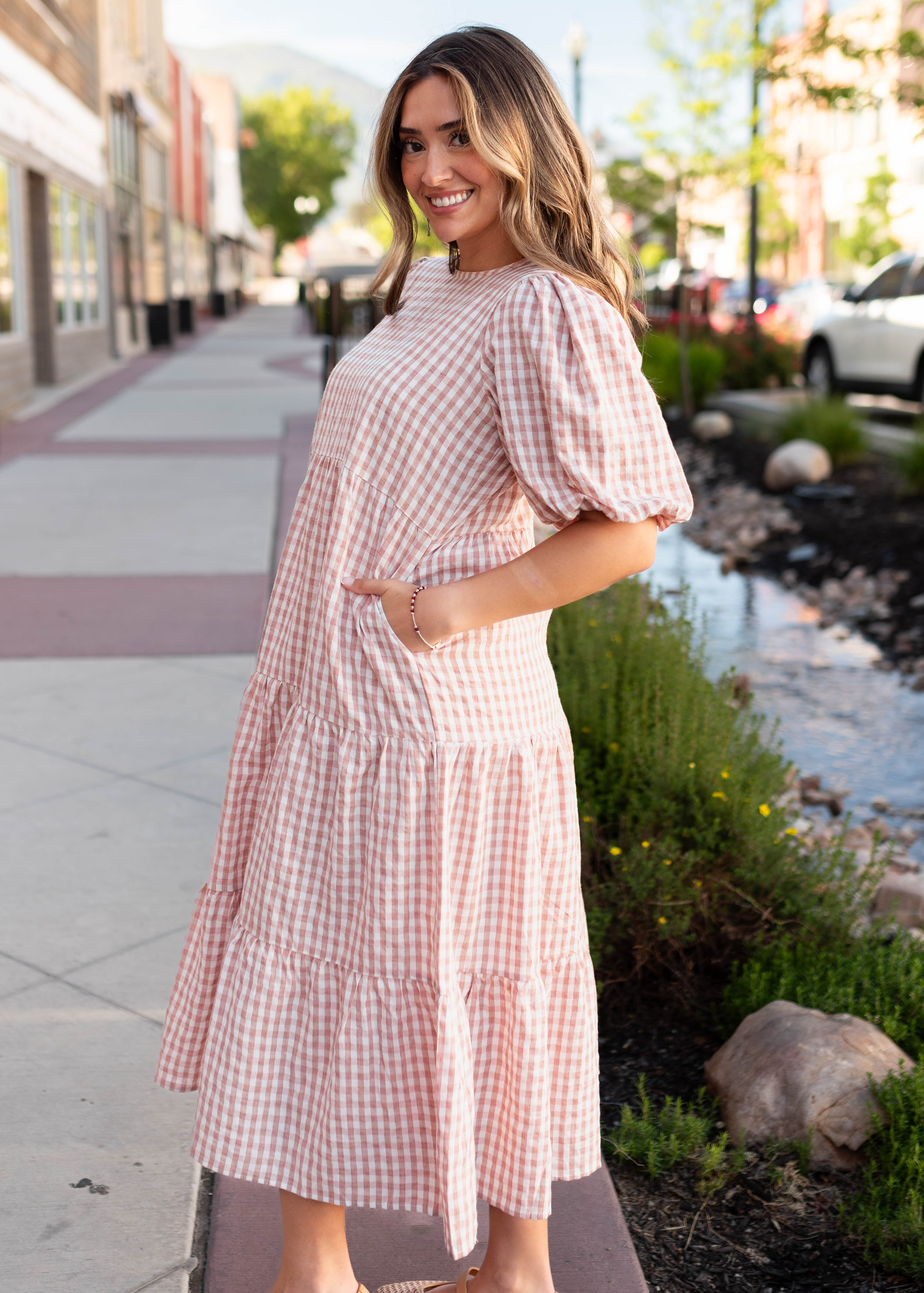 Mariah Pink Gingham Tiered Dress
