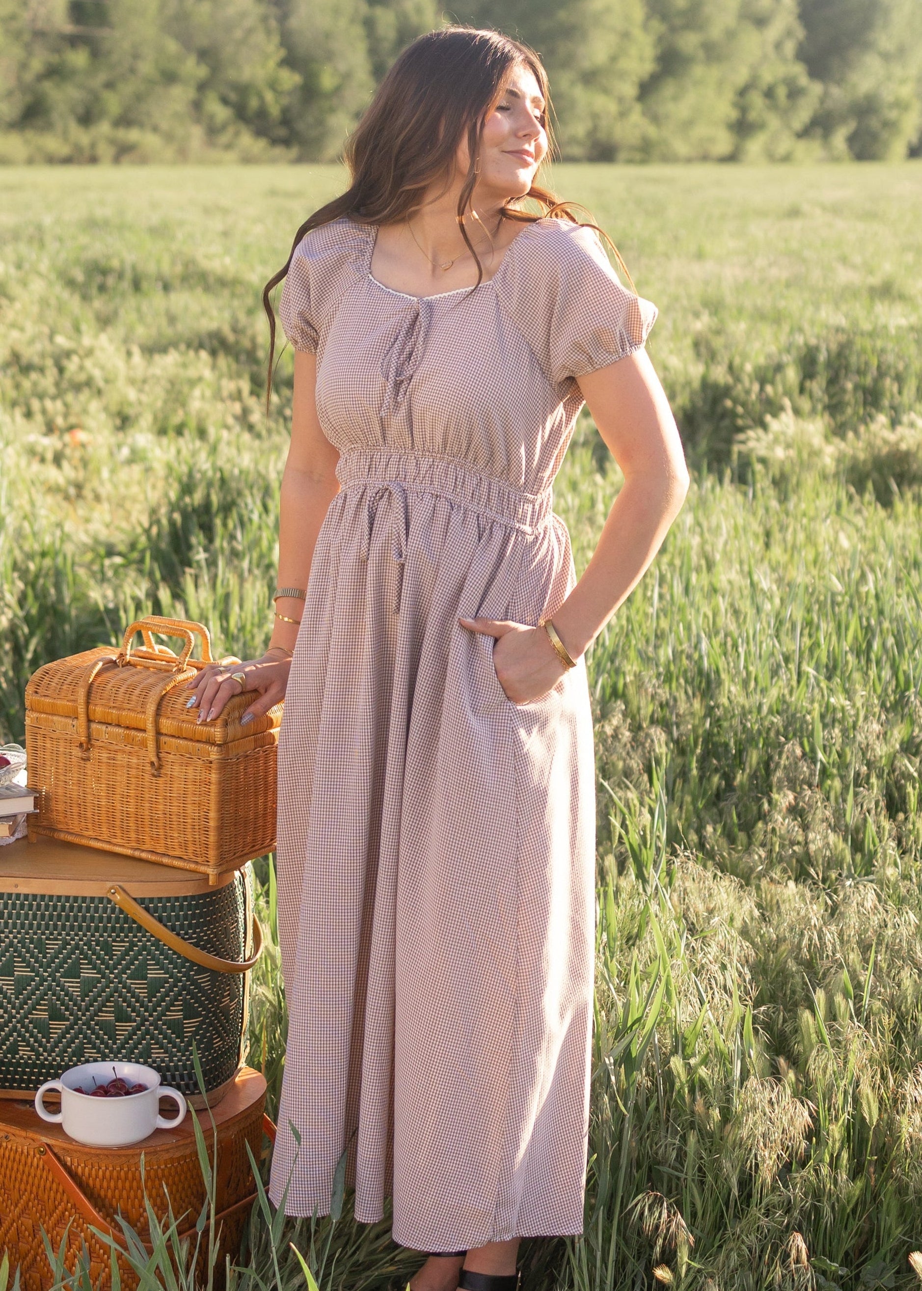 Martha Taupe Gingham Dress