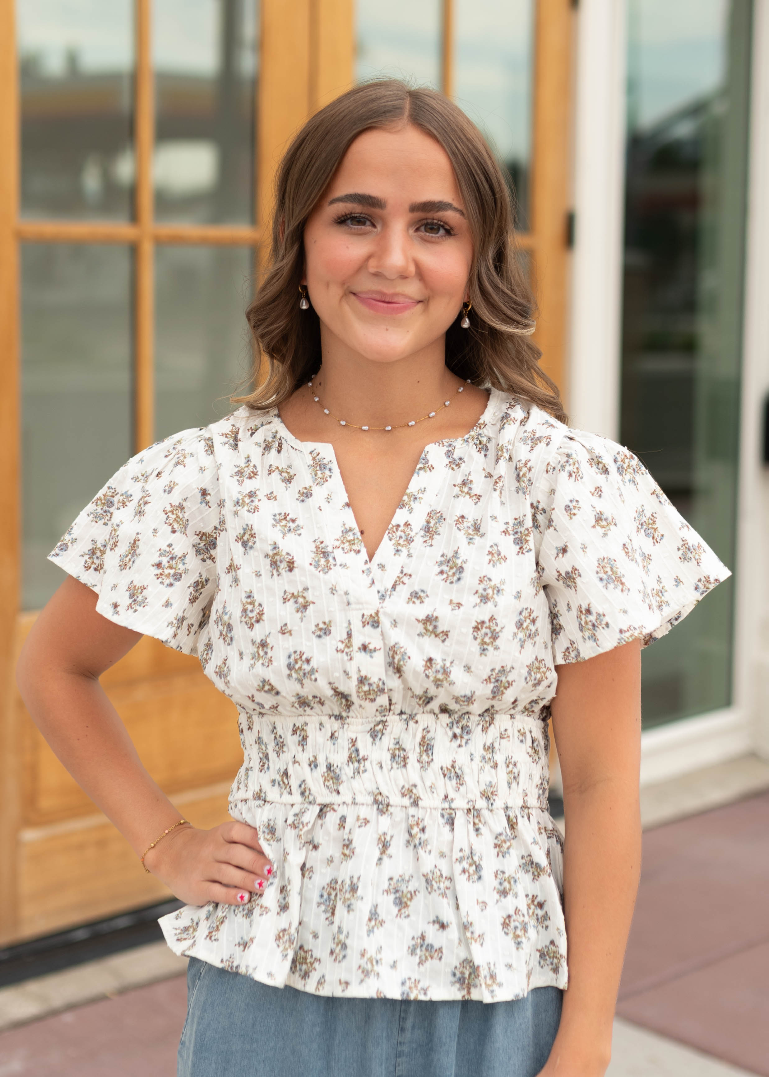 Meredith Ivory & Dusty Blue Floral Blouse