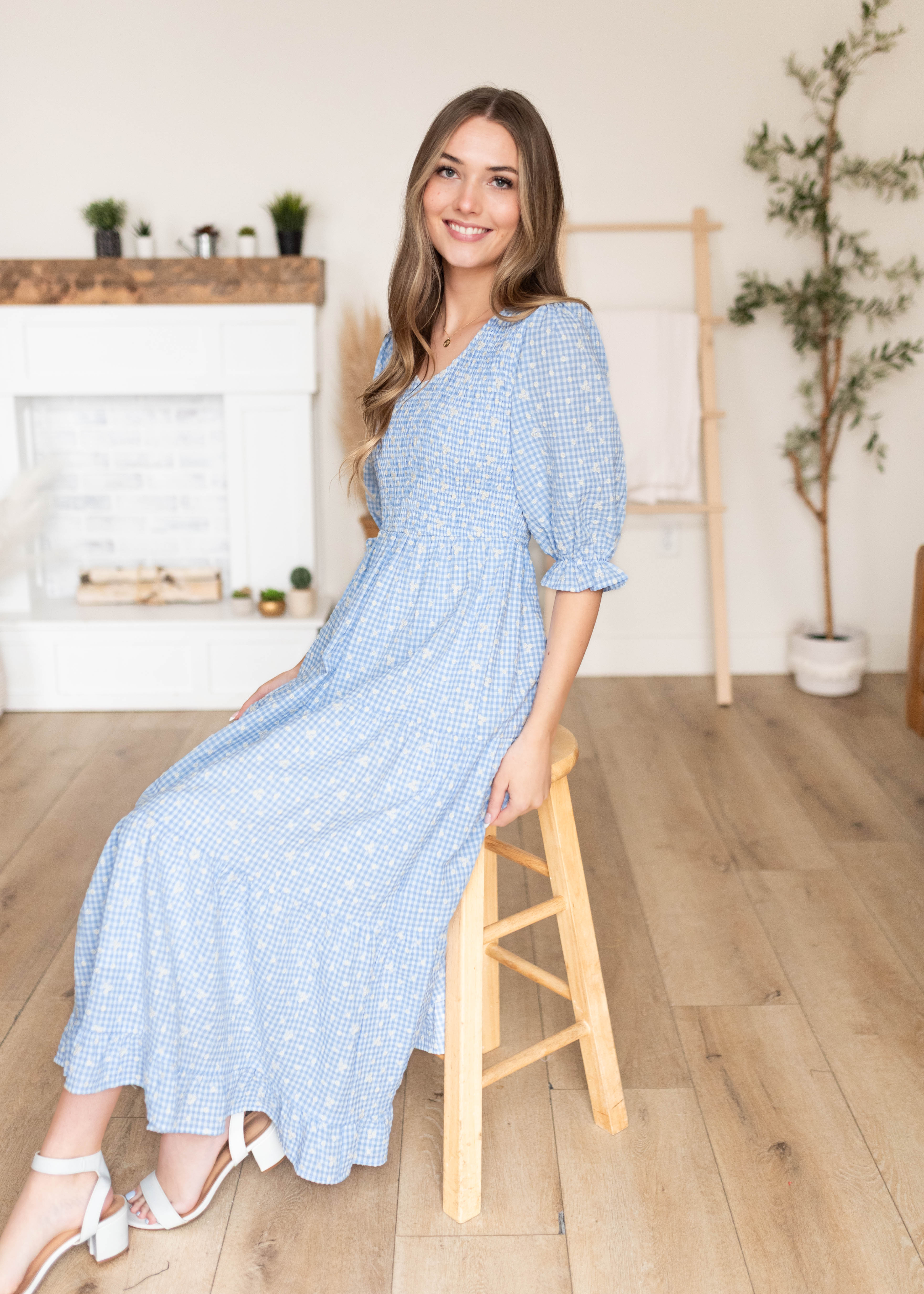 Mikayla Blue Gingham Floral Dress