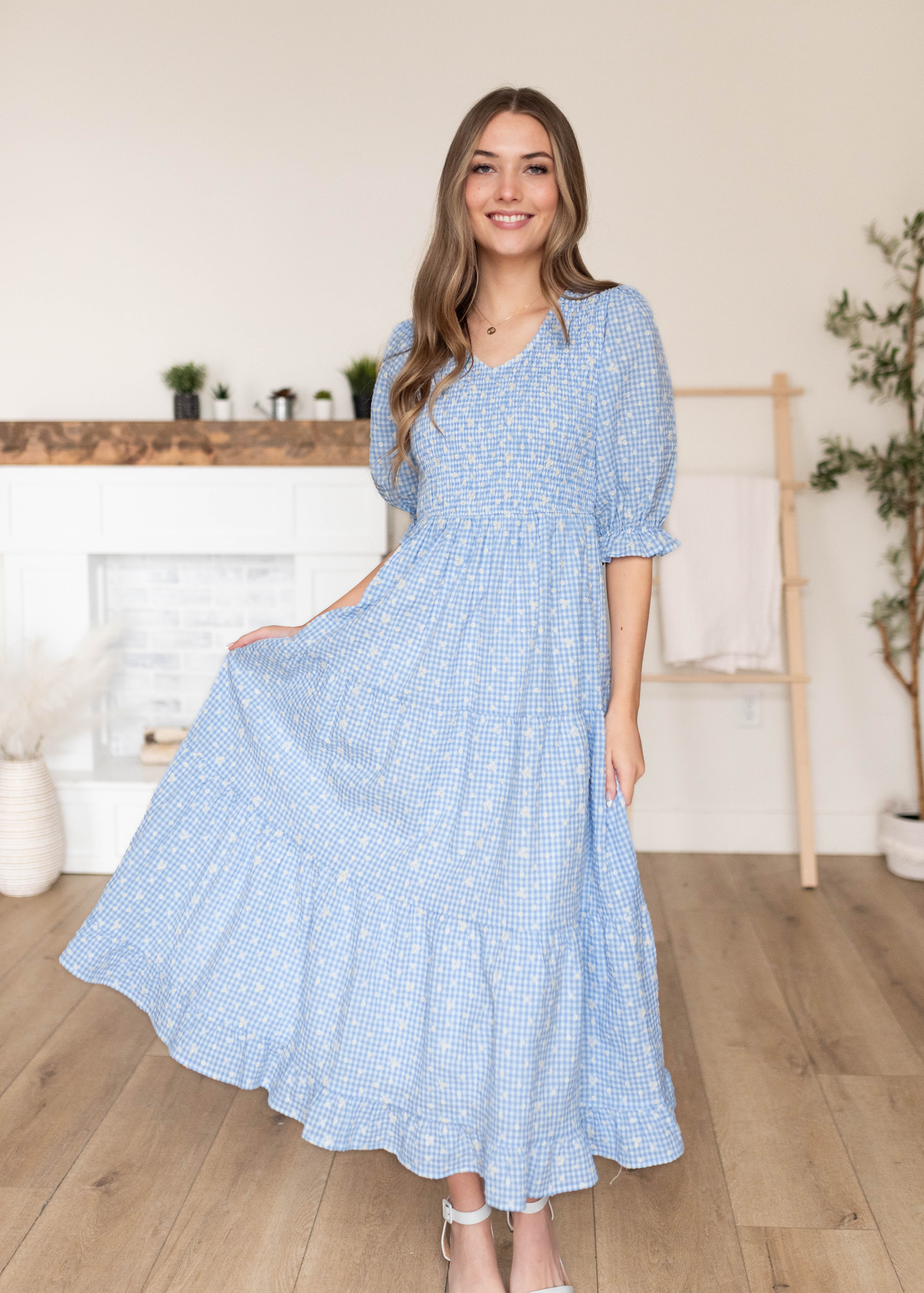 Mikayla Blue Gingham Floral Dress