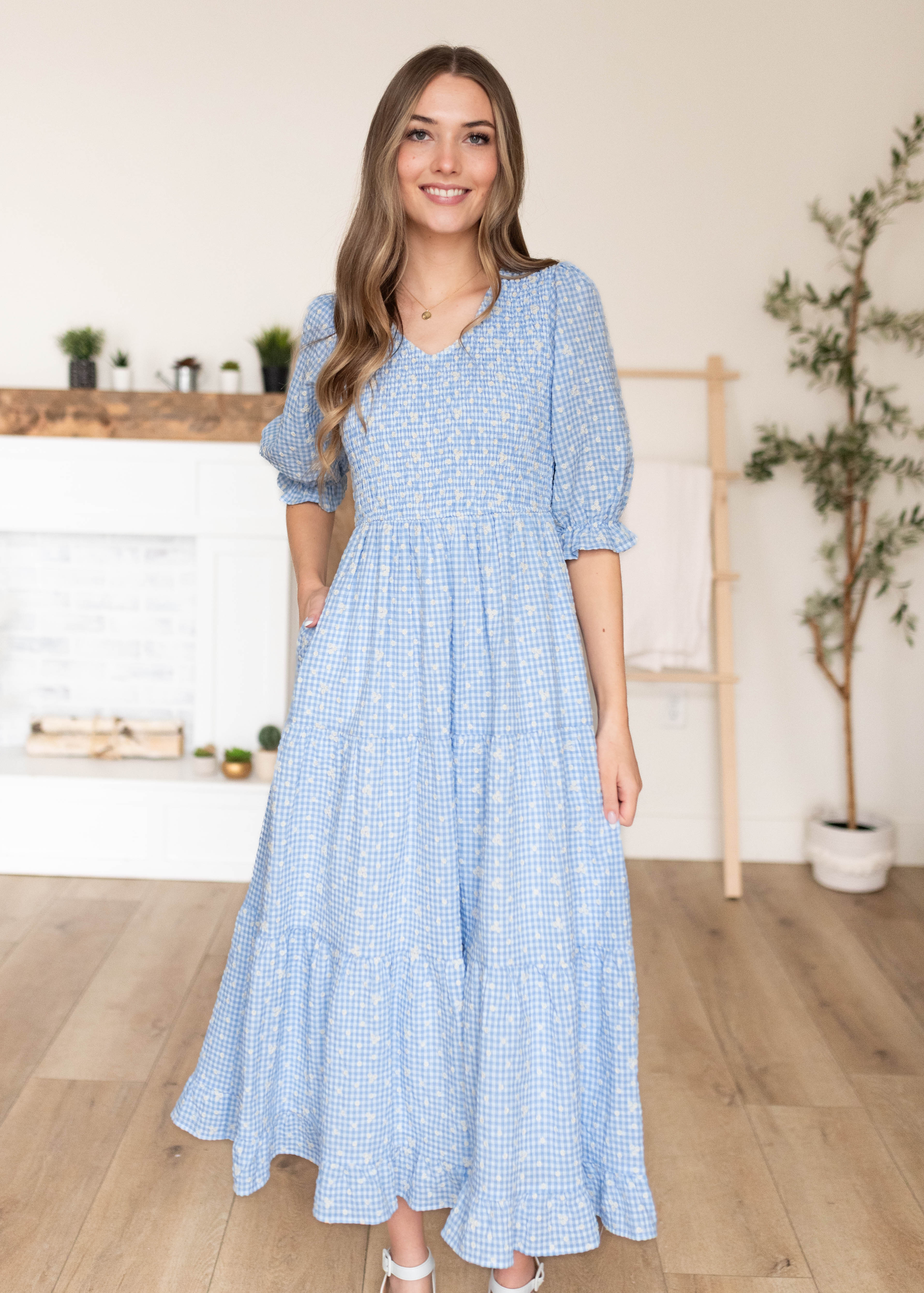 Mikayla Blue Gingham Floral Dress